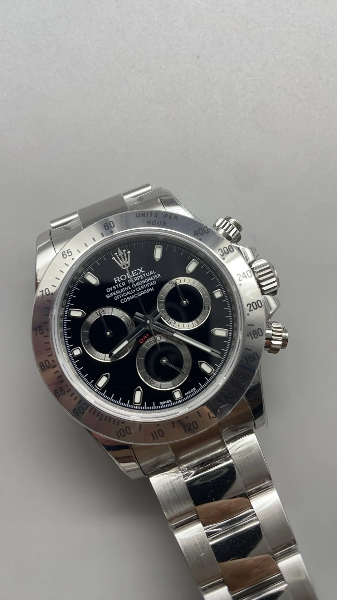 Rolex Daytona Steel Black Dial — photographed off the sweep