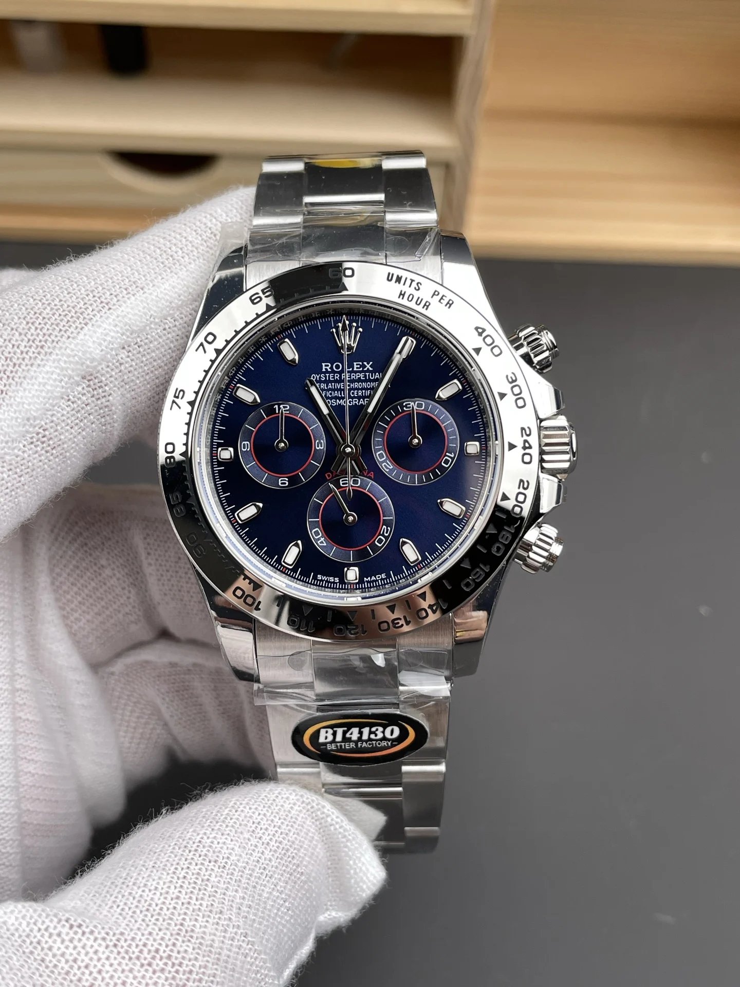 Rolex Daytona Steel Blue Dial 40mm — photographed off the sweep