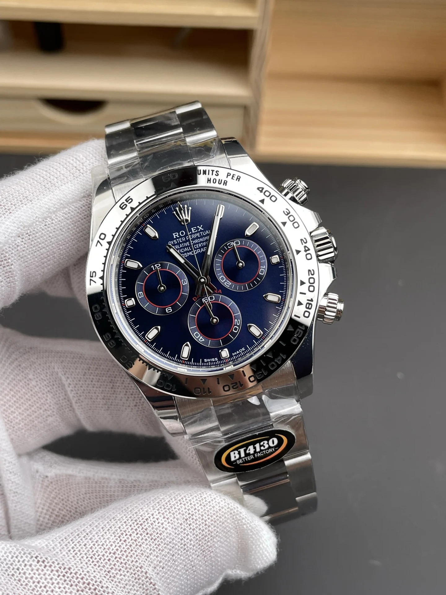 Rolex Daytona Steel Blue Dial 40mm — photographed off the sweep