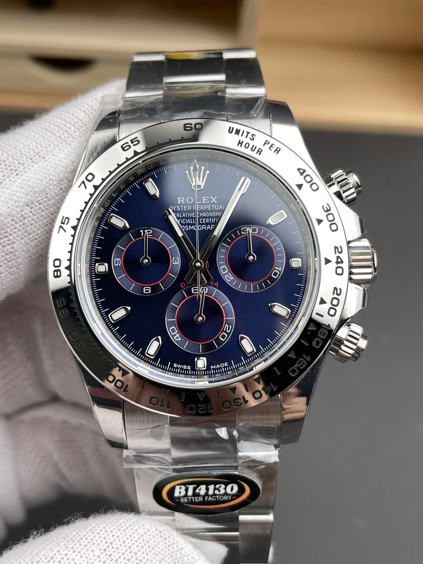Rolex Daytona Steel Blue Dial 40mm — photographed off the sweep