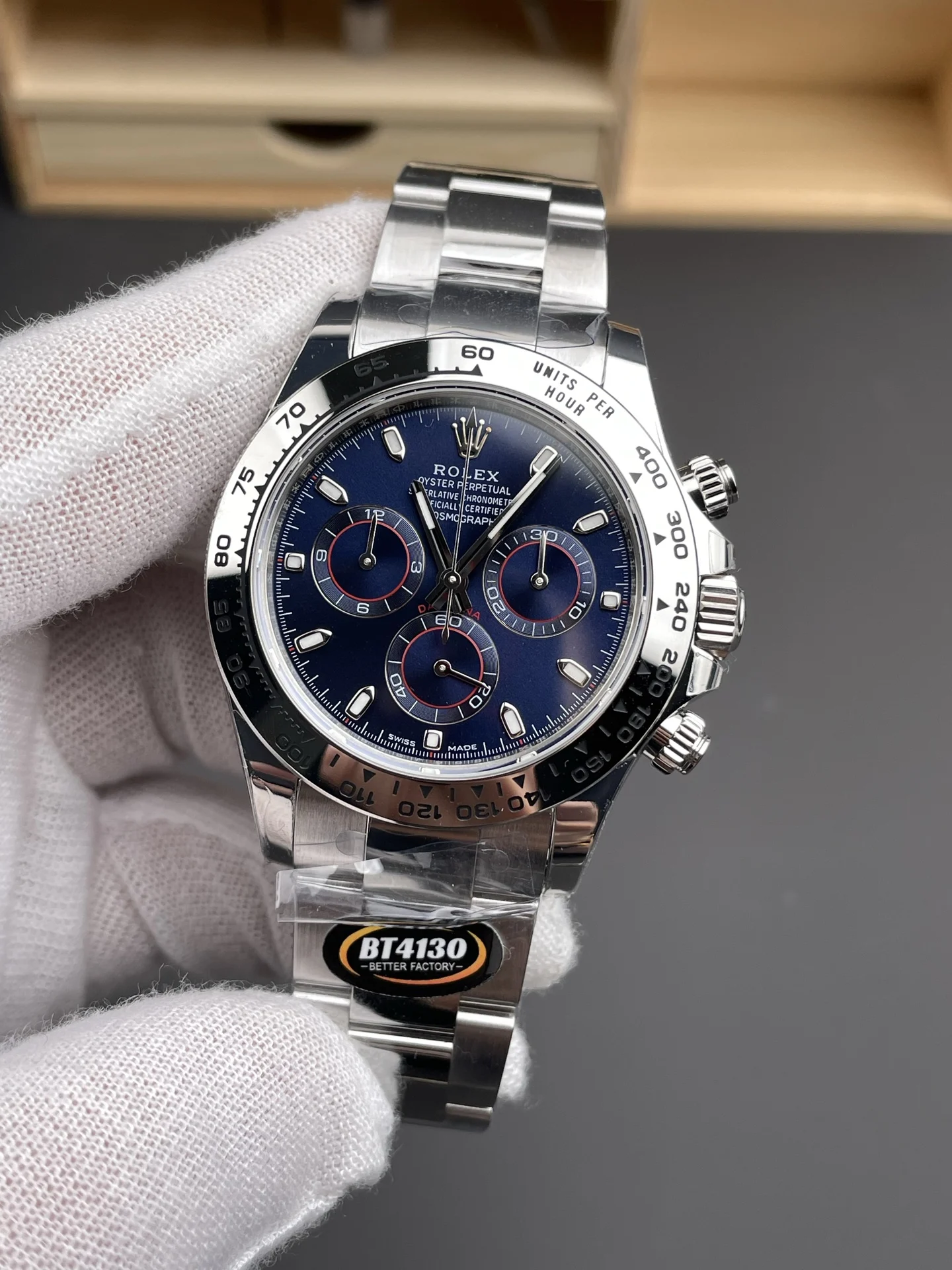 Rolex Daytona Steel Blue Dial 40mm — photographed off the sweep