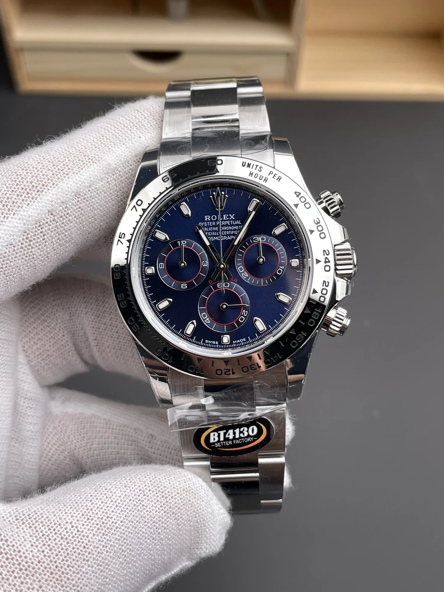 Rolex Daytona Steel Blue Dial 40mm — photographed off the sweep