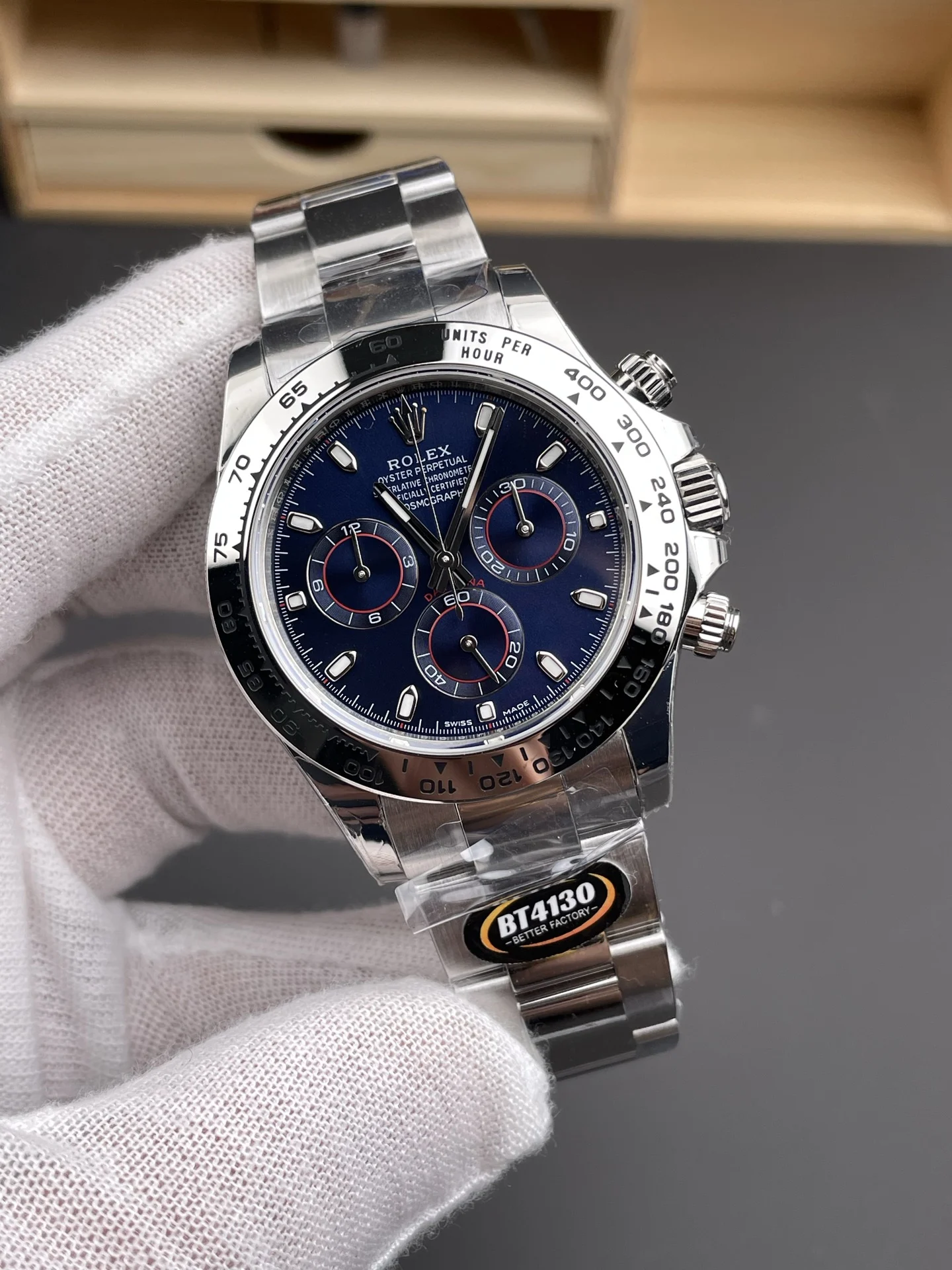 Rolex Daytona Steel Blue Dial 40mm — photographed off the sweep