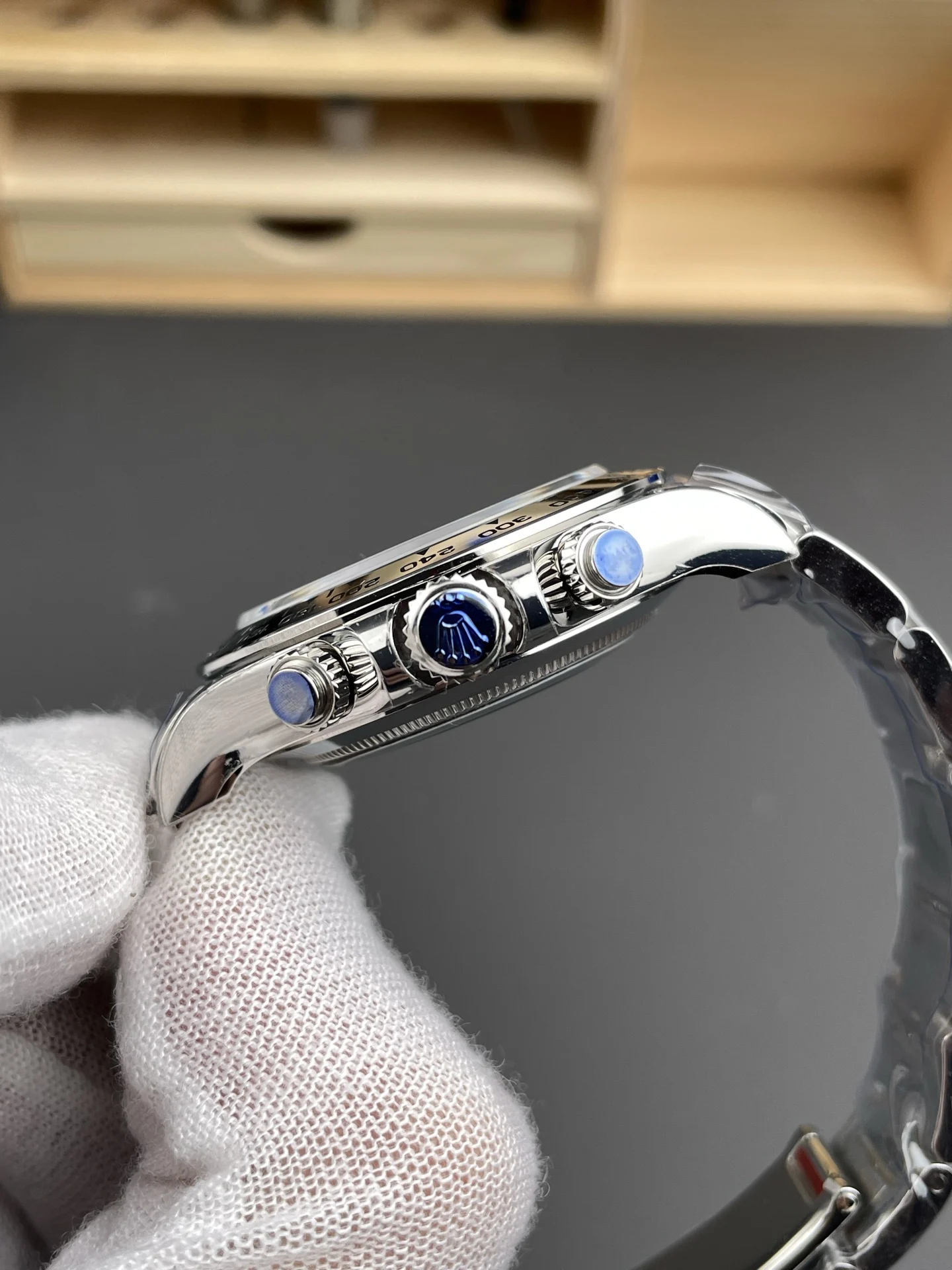 Rolex Daytona Steel Blue Dial 40mm — photographed off the sweep