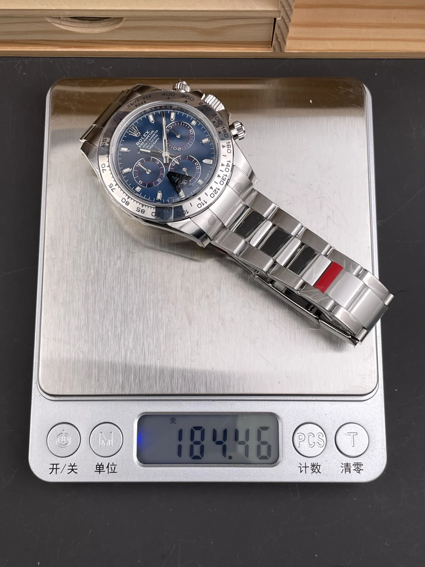 Rolex Daytona Steel Blue Dial 40mm — photographed off the sweep