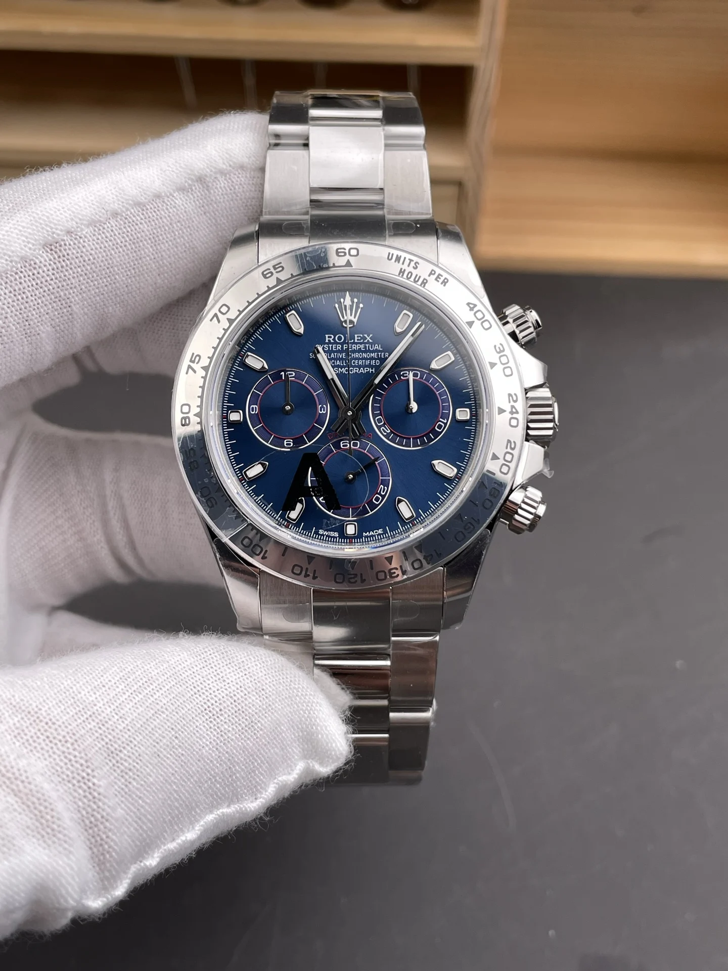 Rolex Daytona Steel Blue Dial 40mm — photographed off the sweep
