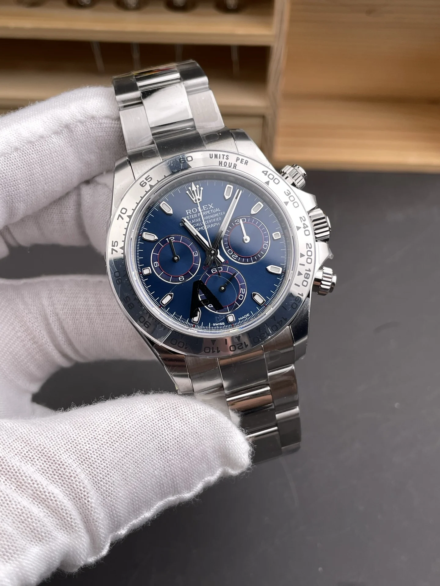 Rolex Daytona Steel Blue Dial 40mm — photographed off the sweep
