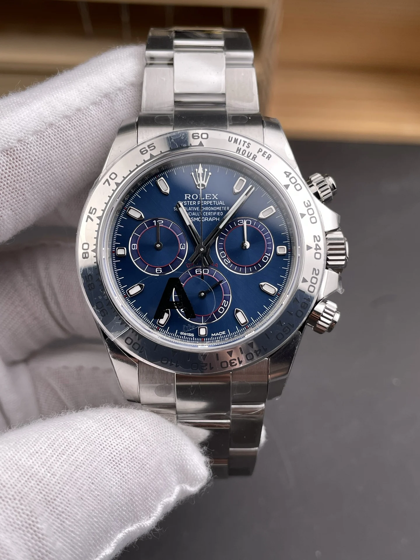 Rolex Daytona Steel Blue Dial 40mm — photographed off the sweep