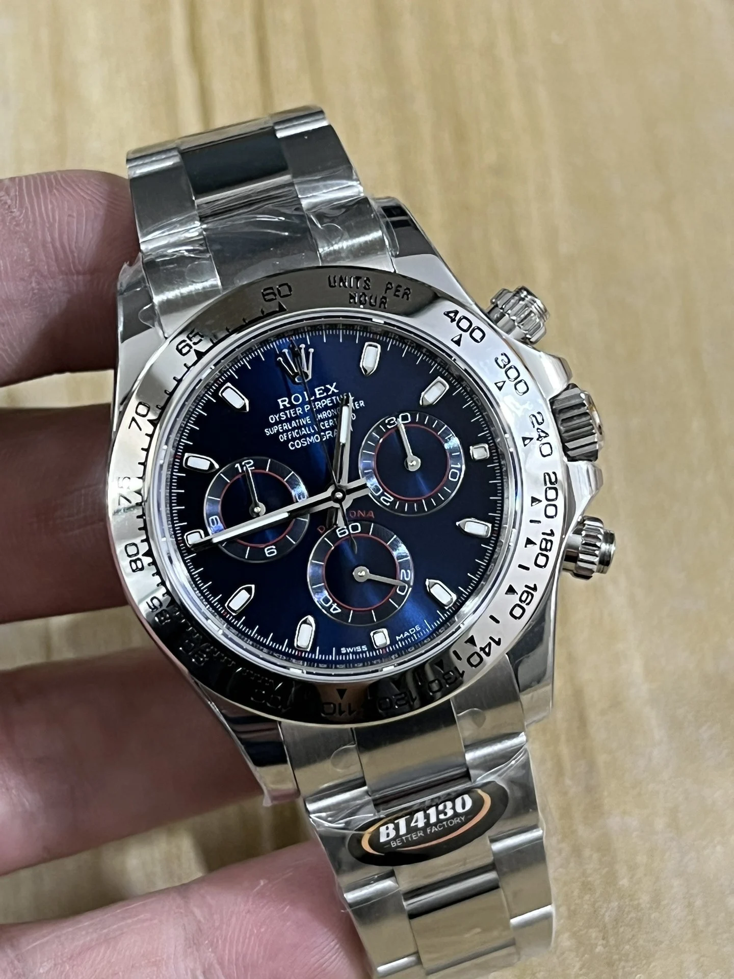 Rolex Daytona Steel Blue Dial — photographed off the sweep