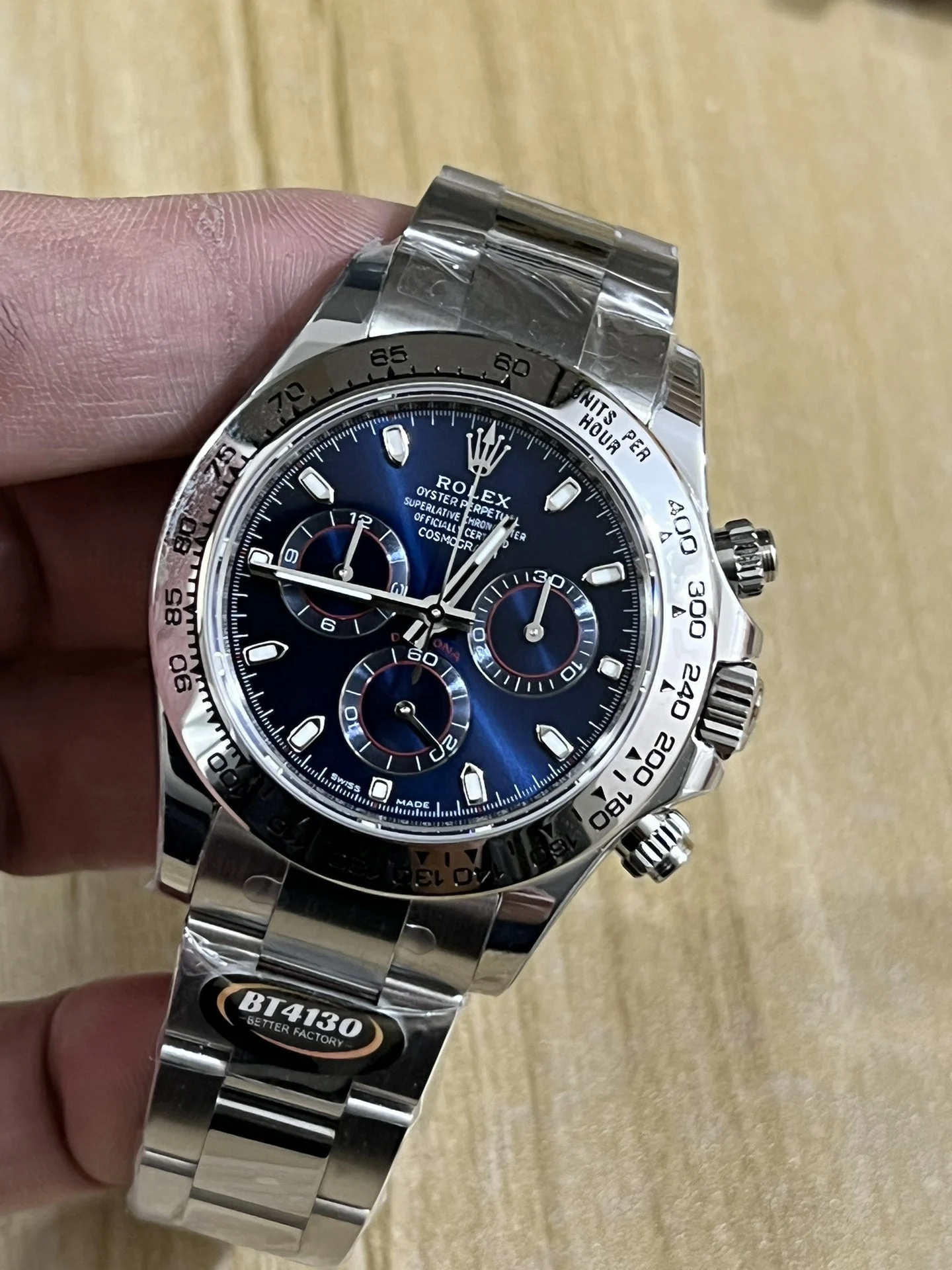 Rolex Daytona Steel Blue Dial — photographed off the sweep
