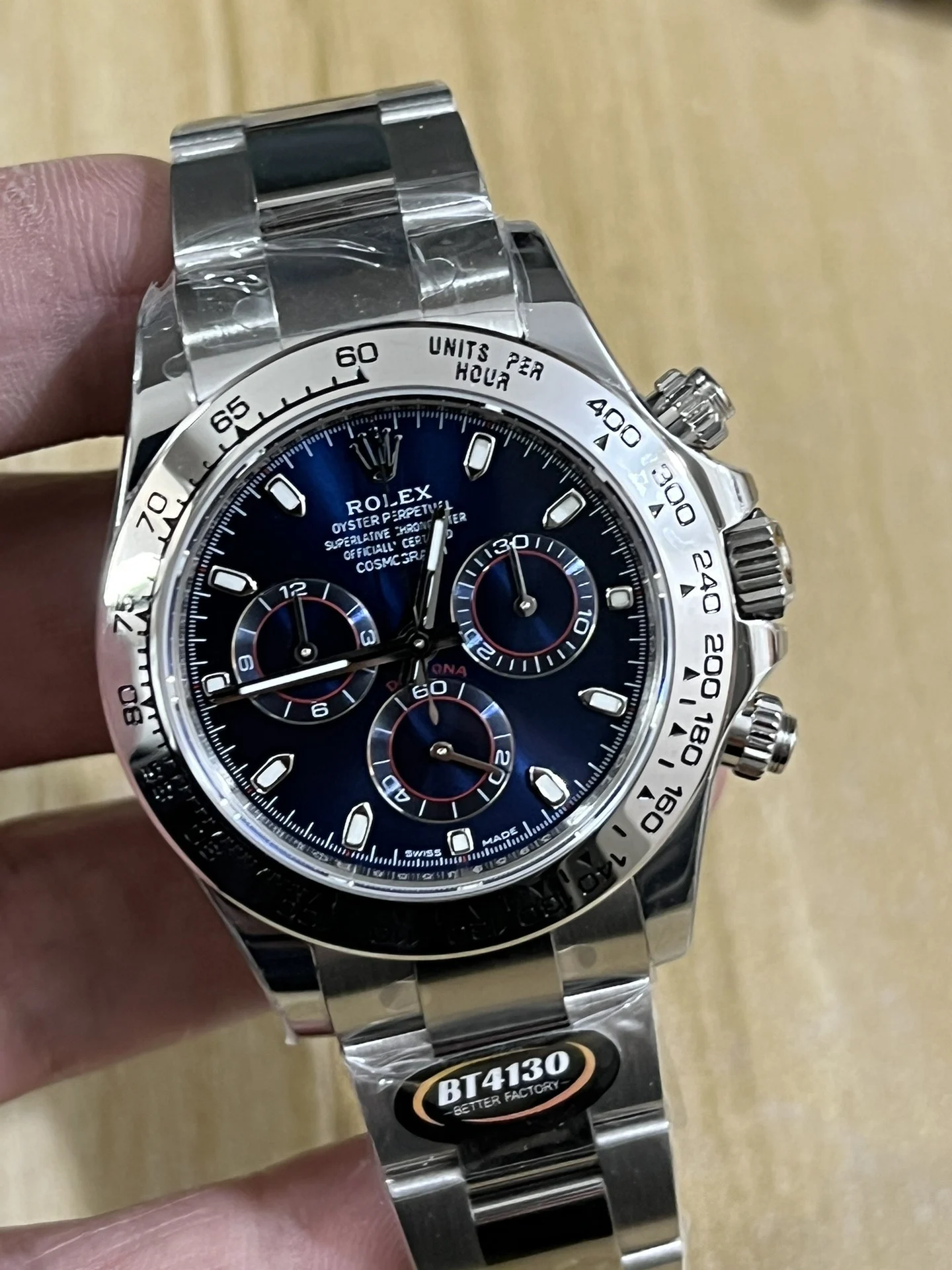 Rolex Daytona Steel Blue Dial — photographed off the sweep
