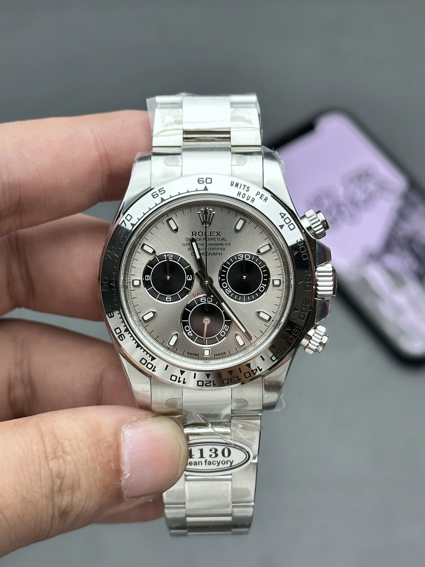 Rolex Daytona Steel Grey Dial — photographed off the sweep