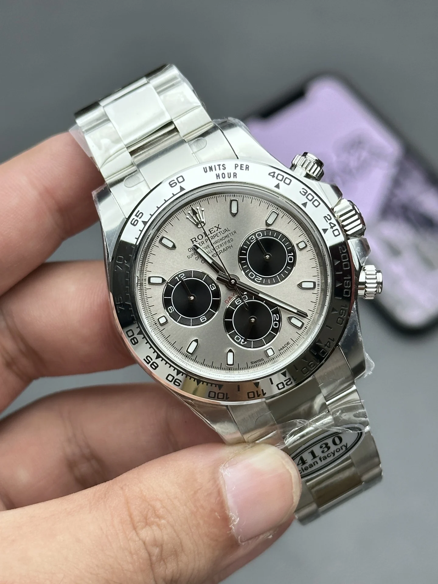 Rolex Daytona Steel Grey Dial — photographed off the sweep
