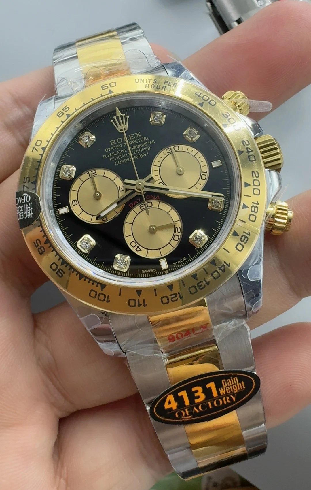 Rolex Daytona Two-Tone Black Dial Diamond-Set — photographed off the sweep