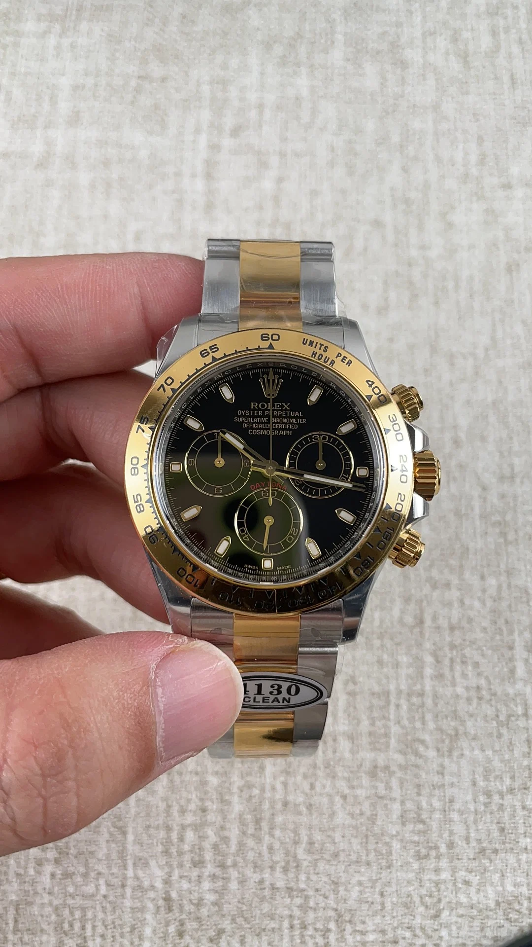 Rolex Daytona Two-Tone Black Dial — photographed off the sweep