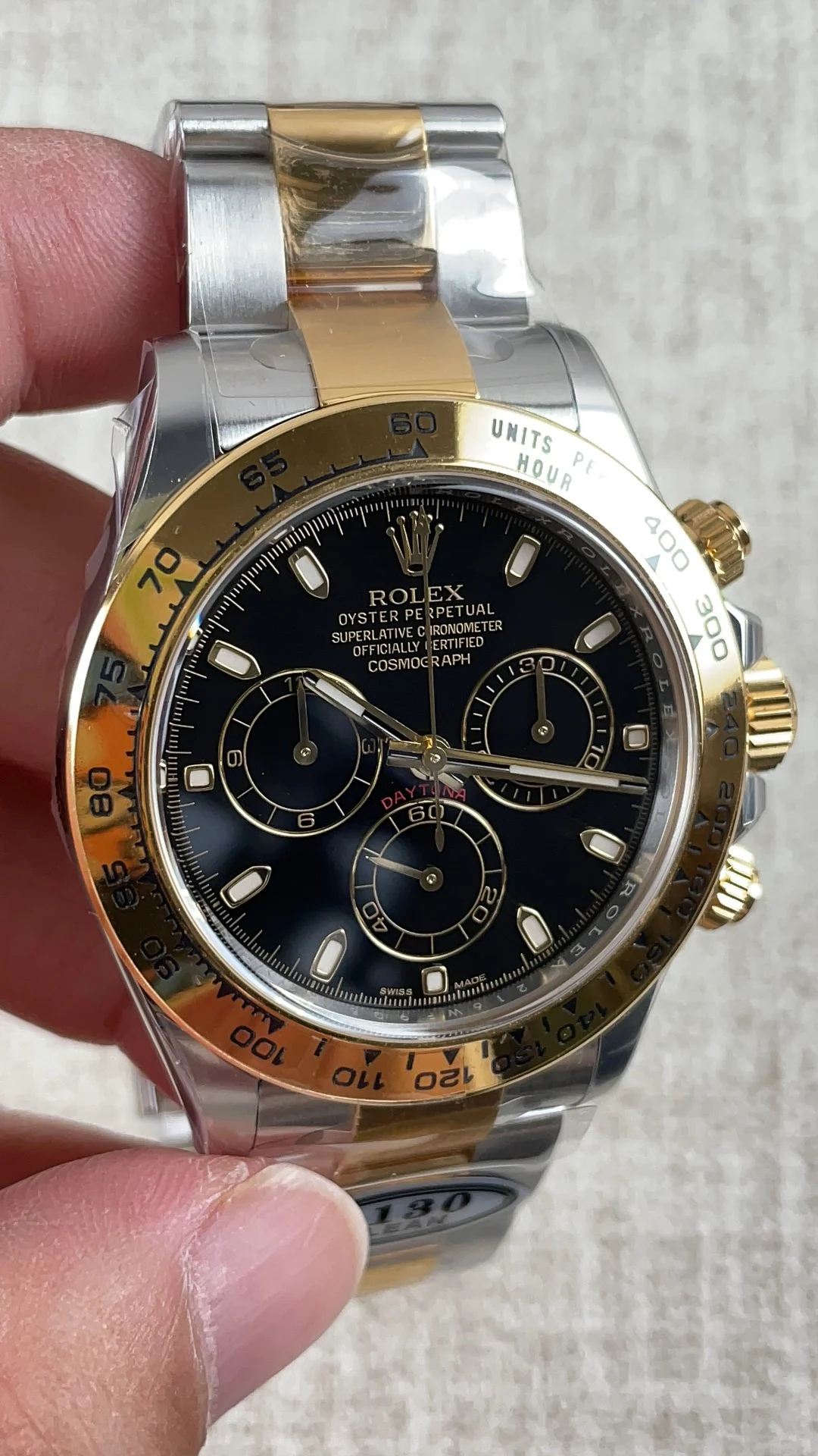 Rolex Daytona Two-Tone Black Dial — photographed off the sweep