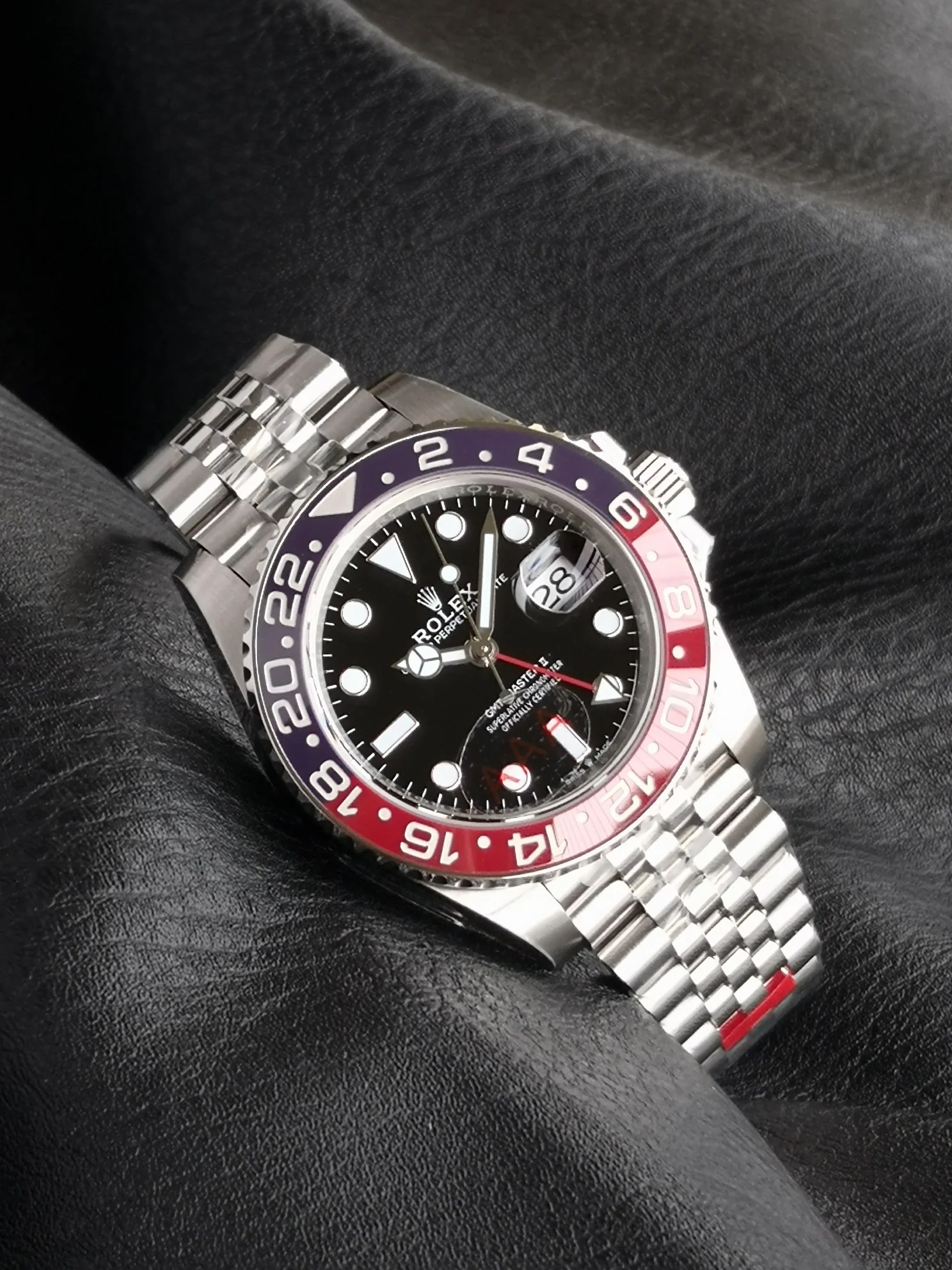Rolex GMT-Master Coke Blue Dial — photographed off the sweep