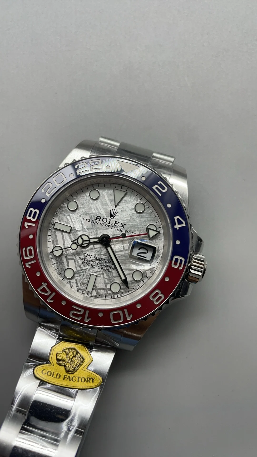 Rolex GMT-Master II Pepsi Platinum β photographed off the sweep