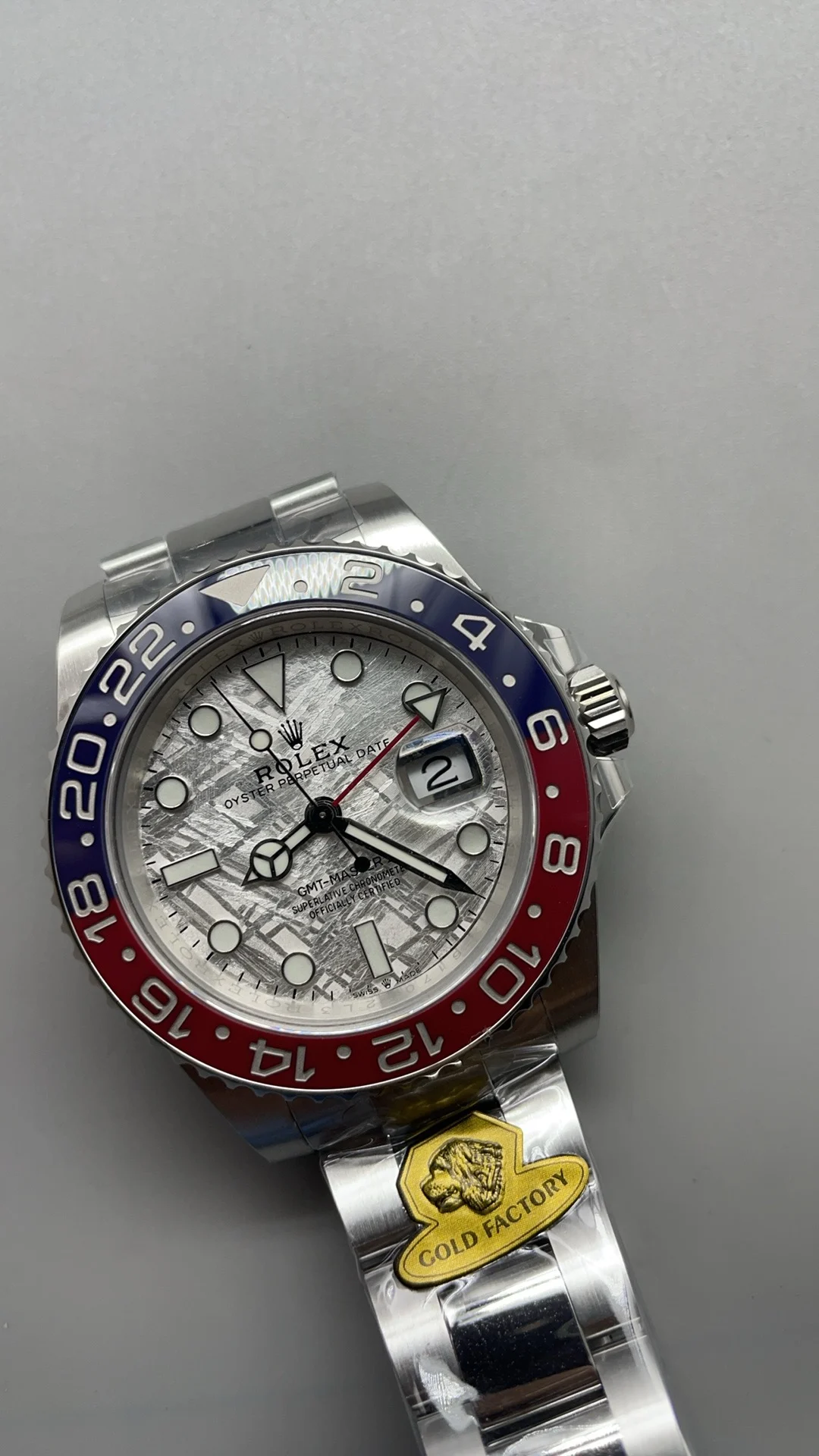 Rolex GMT-Master II Pepsi Platinum β photographed off the sweep