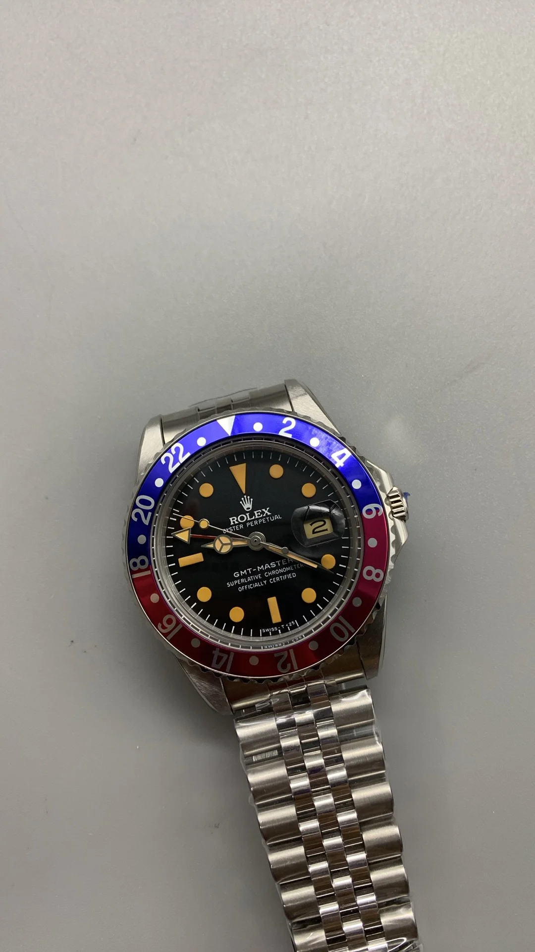 Rolex GMT-Master II Pepsi Yellow Dial — photographed off the sweep