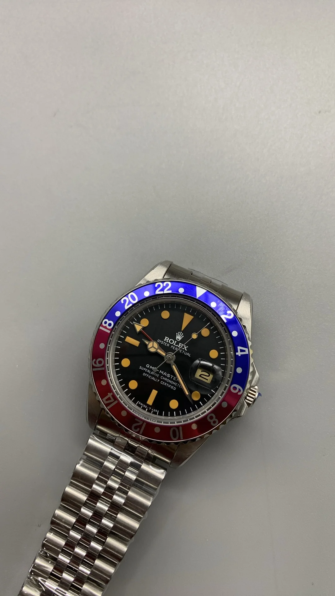 Rolex GMT-Master II Pepsi Yellow Dial — photographed off the sweep