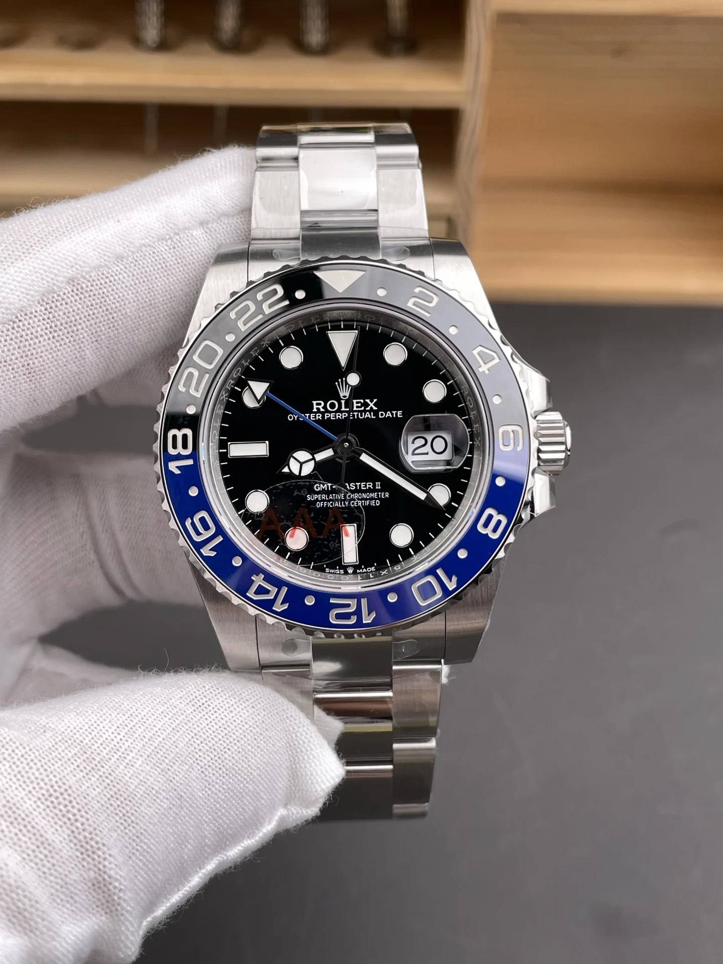 Rolex GMT-Master Inter Milan Batman — photographed off the sweep