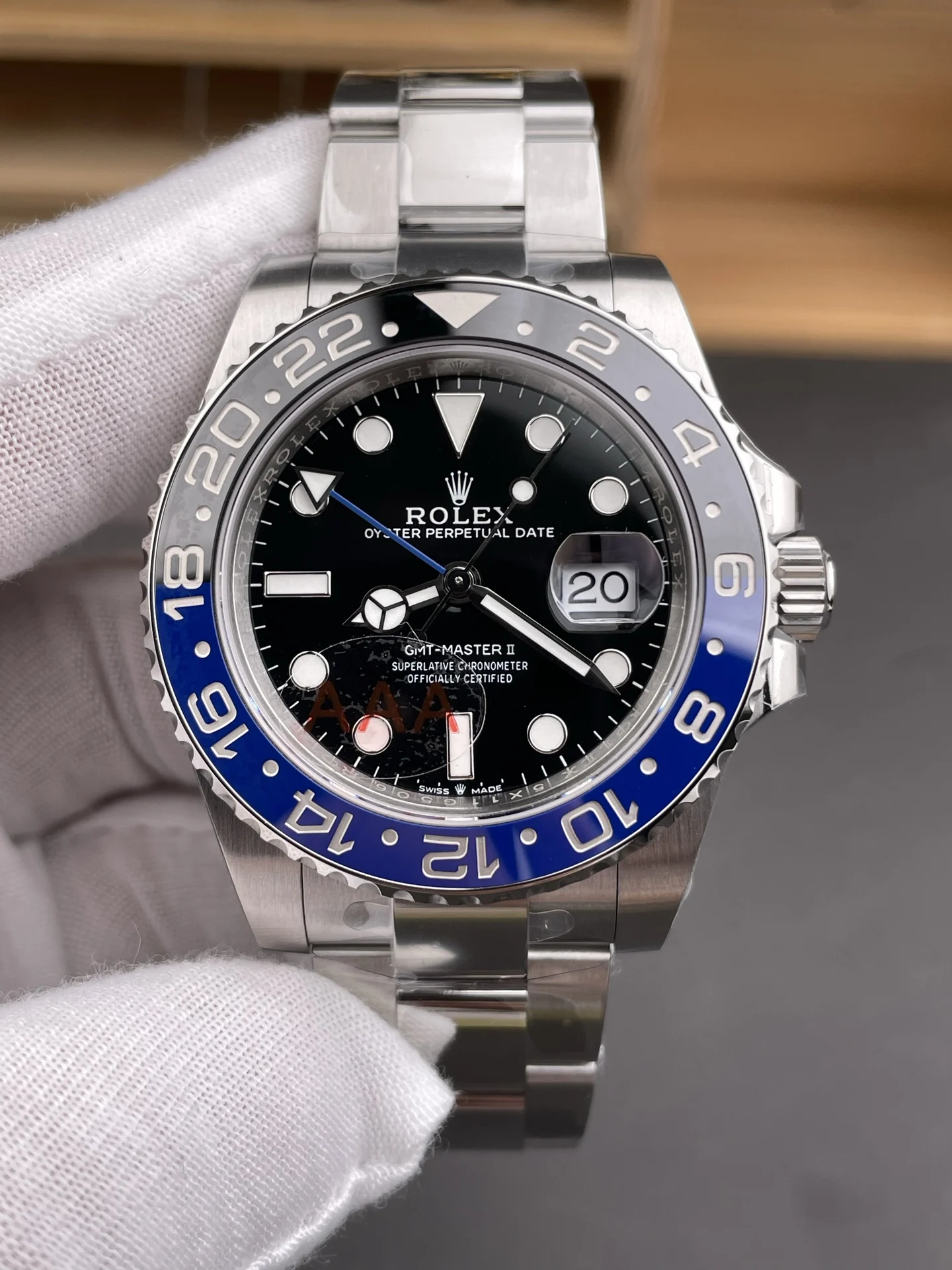 Rolex GMT-Master Inter Milan Batman — photographed off the sweep