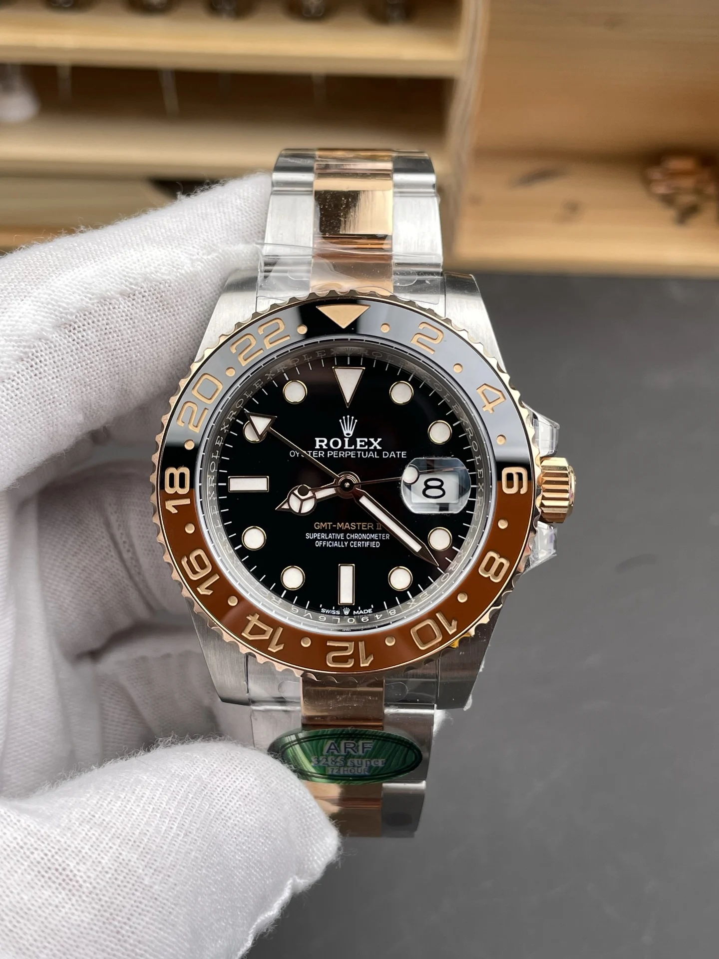 Rolex GMT-Master Root Beer — photographed off the sweep