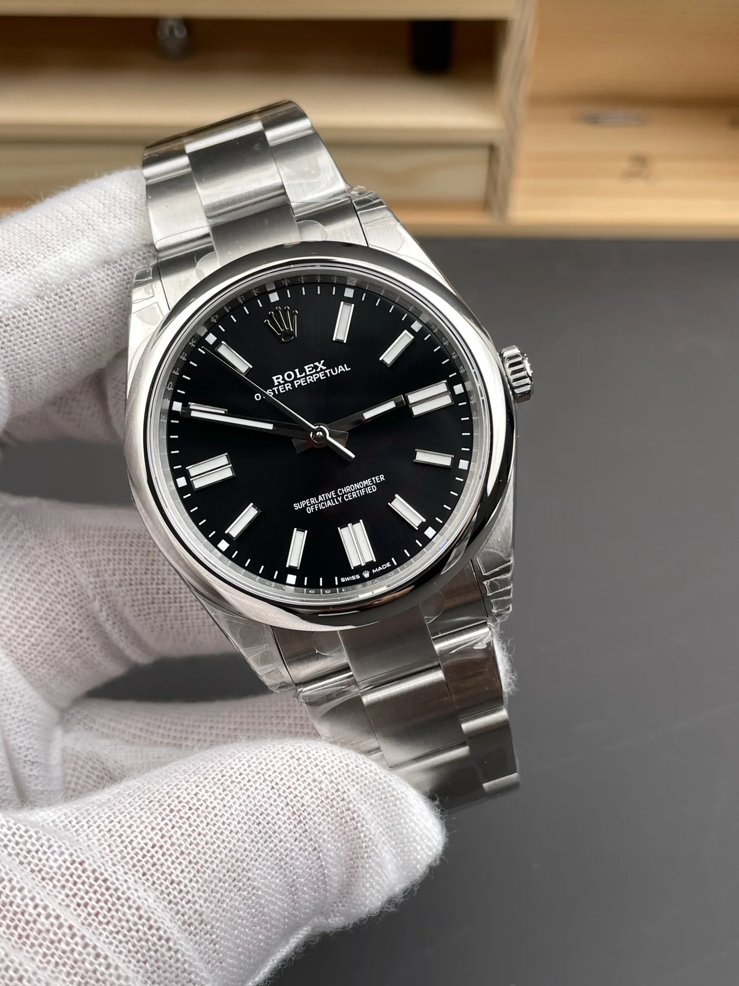 Rolex Oyster Perpetual Black Dial 41mm — photographed off the sweep