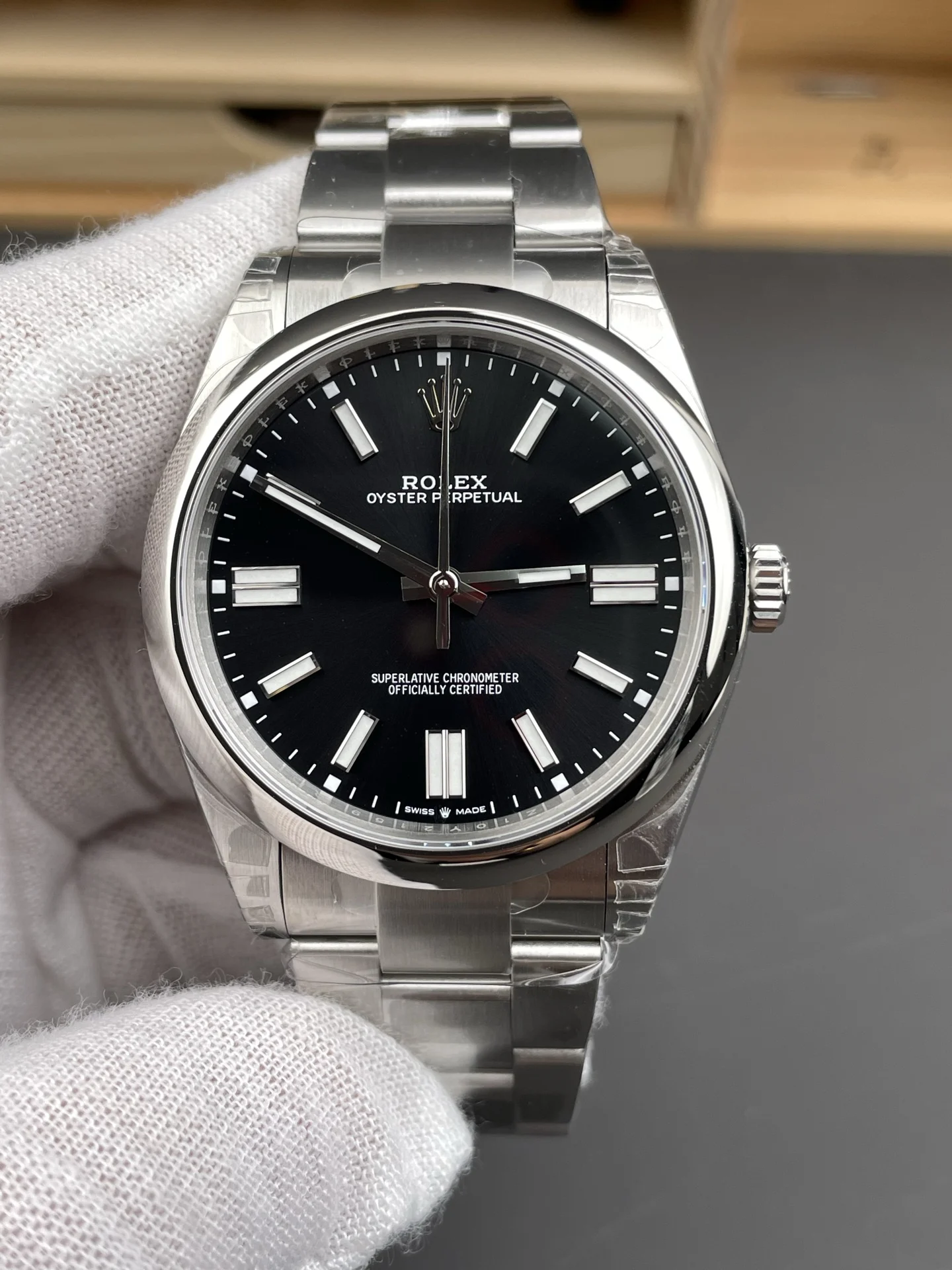 Rolex Oyster Perpetual Black Dial 41mm — photographed off the sweep