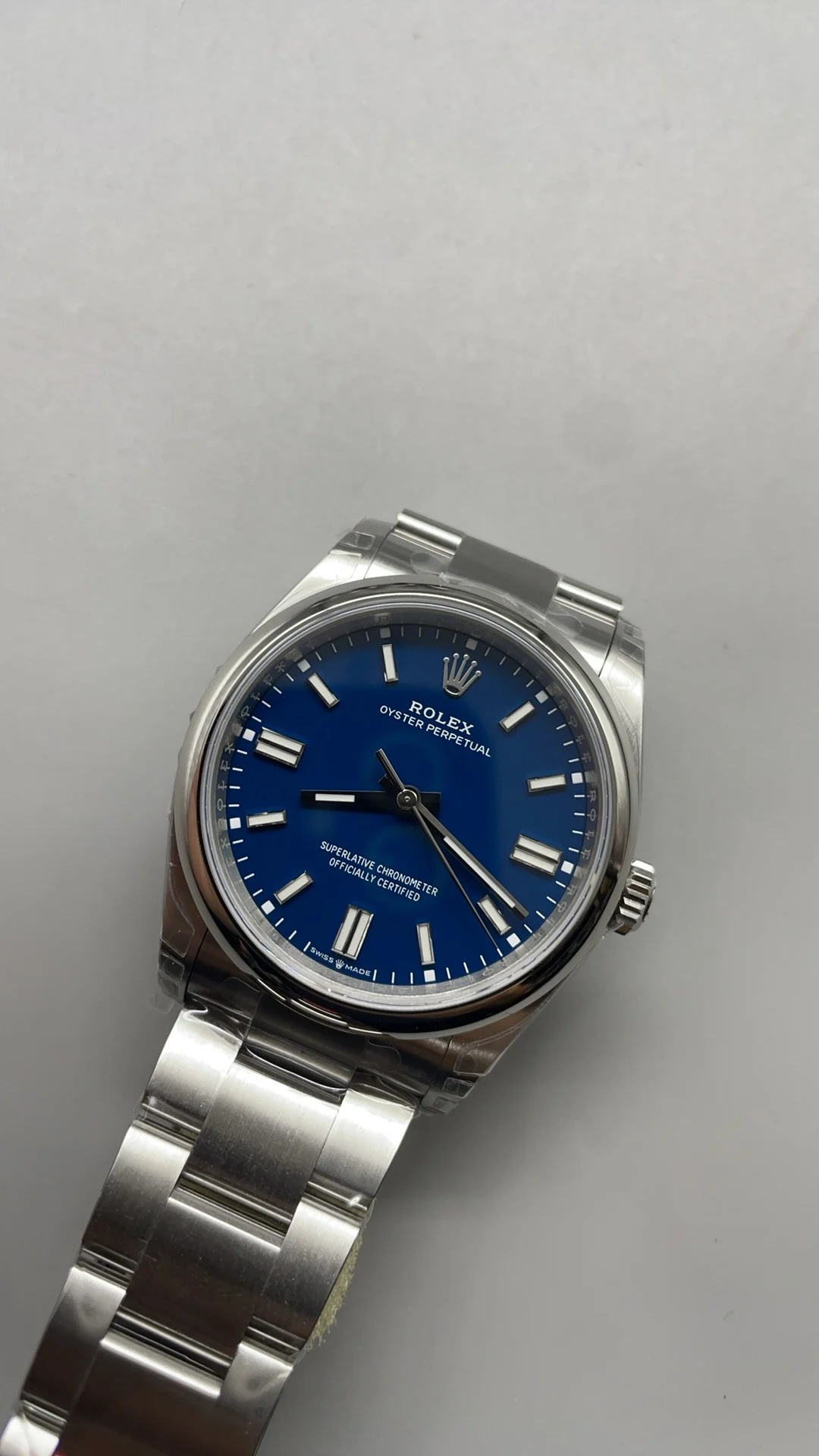 Rolex Oyster Perpetual Blue Dial 36mm — photographed off the sweep