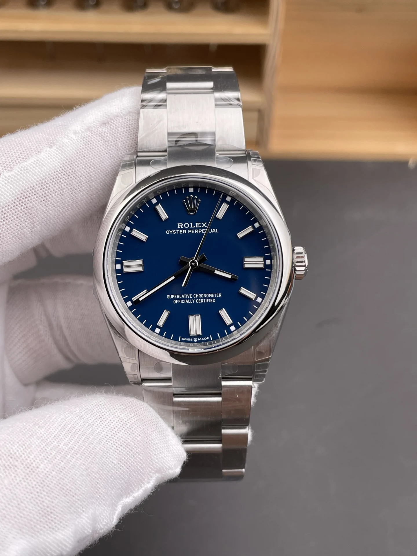 Rolex Oyster Perpetual Blue Dial 36mm — photographed off the sweep