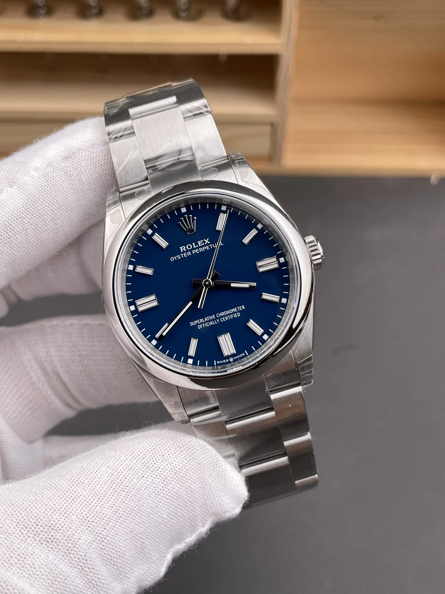 Rolex Oyster Perpetual Blue Dial 36mm — photographed off the sweep