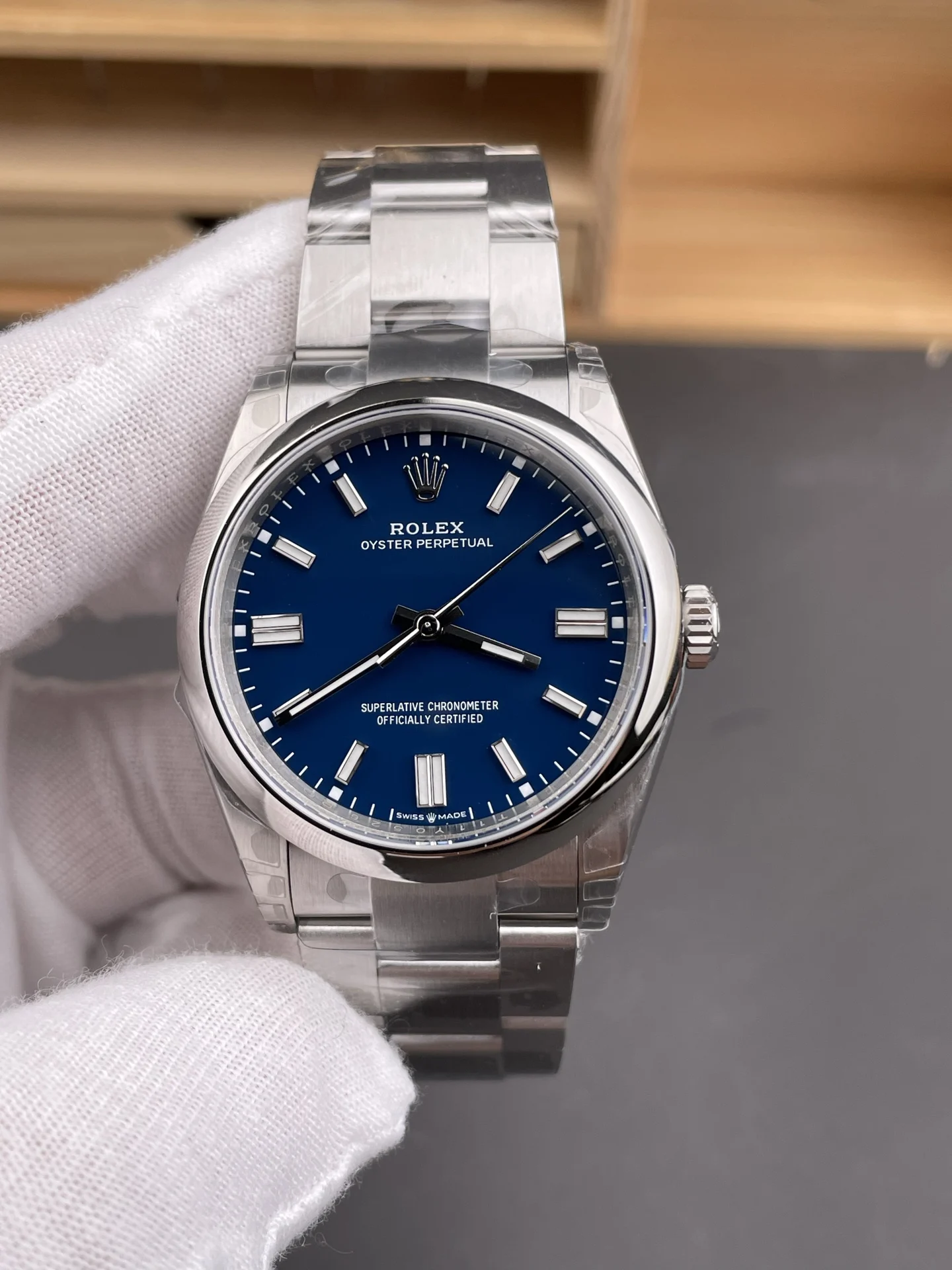 Rolex Oyster Perpetual Blue Dial 36mm — photographed off the sweep