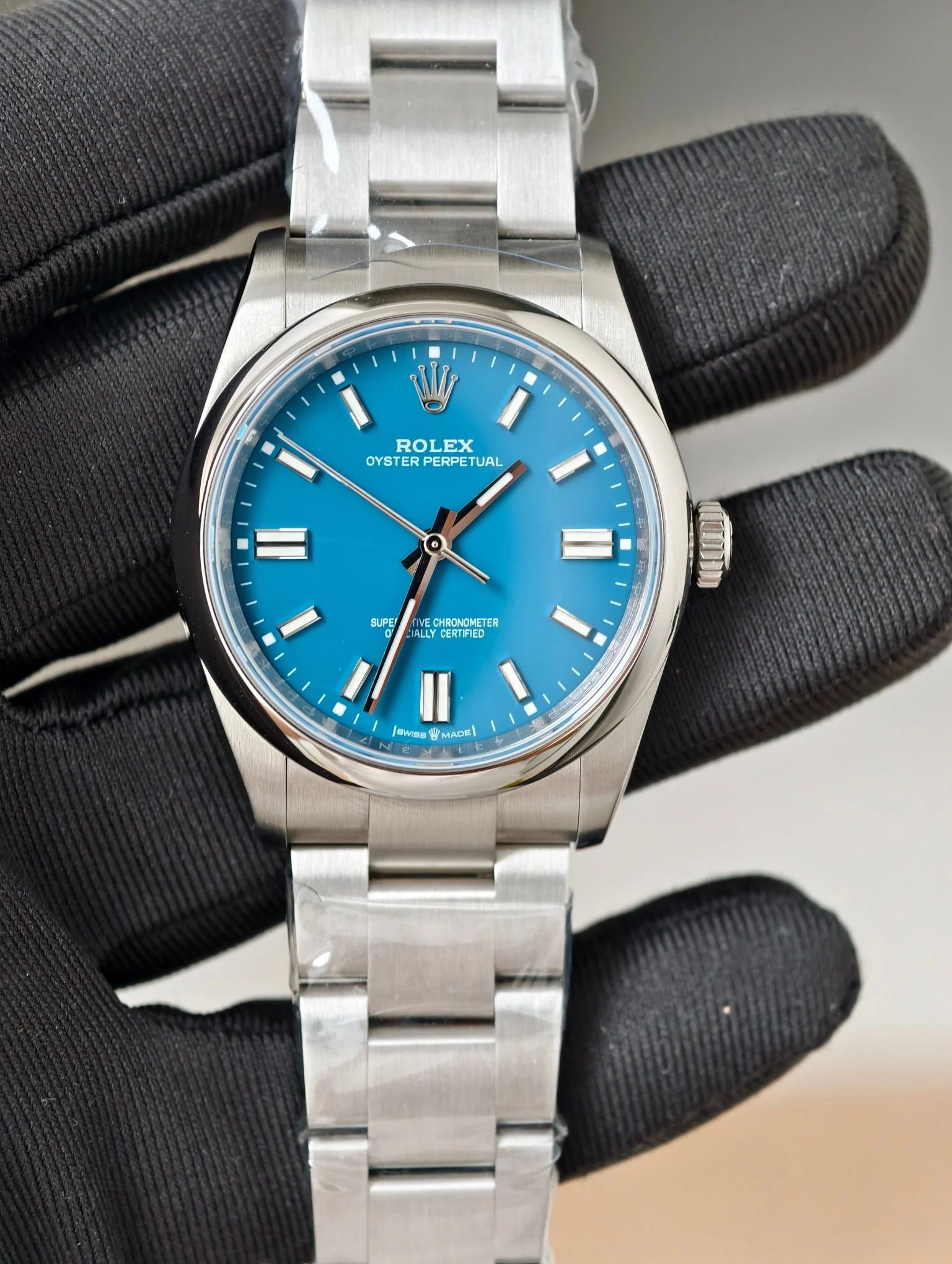 Rolex Oyster Perpetual Blue Dial 36mm — photographed off the sweep