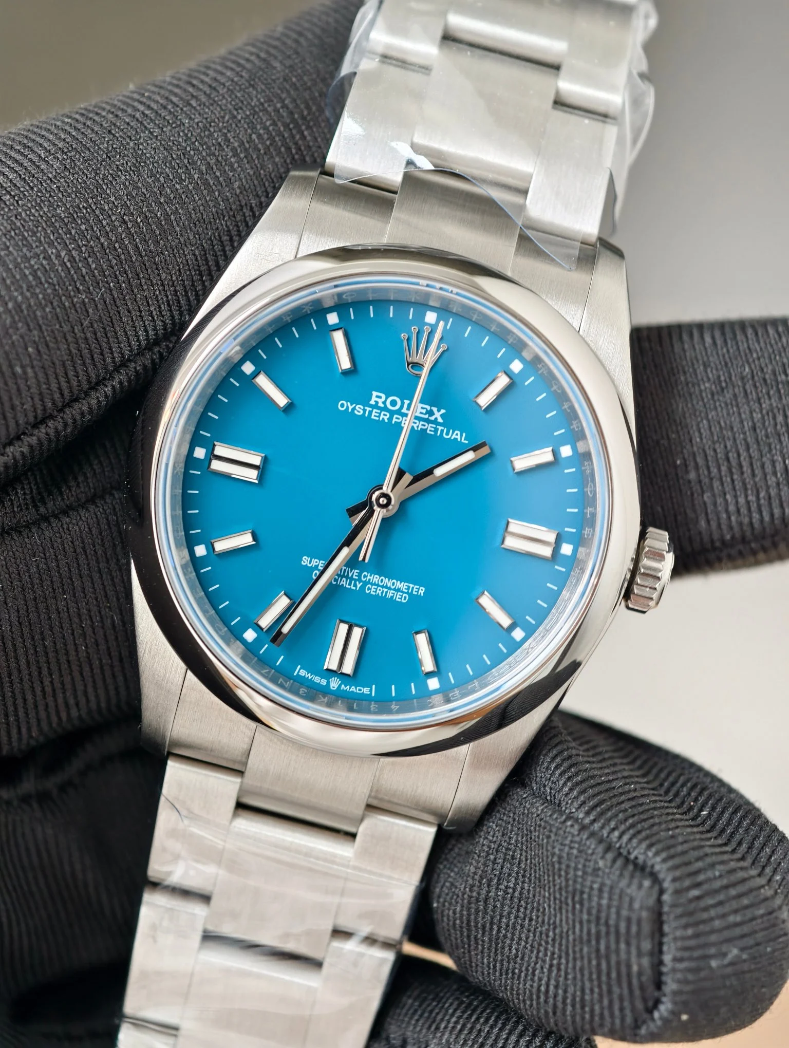Rolex Oyster Perpetual Blue Dial 36mm — photographed off the sweep