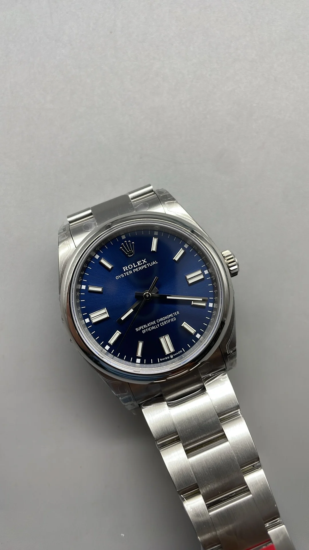 Rolex Oyster Perpetual Blue Dial 36mm — photographed off the sweep