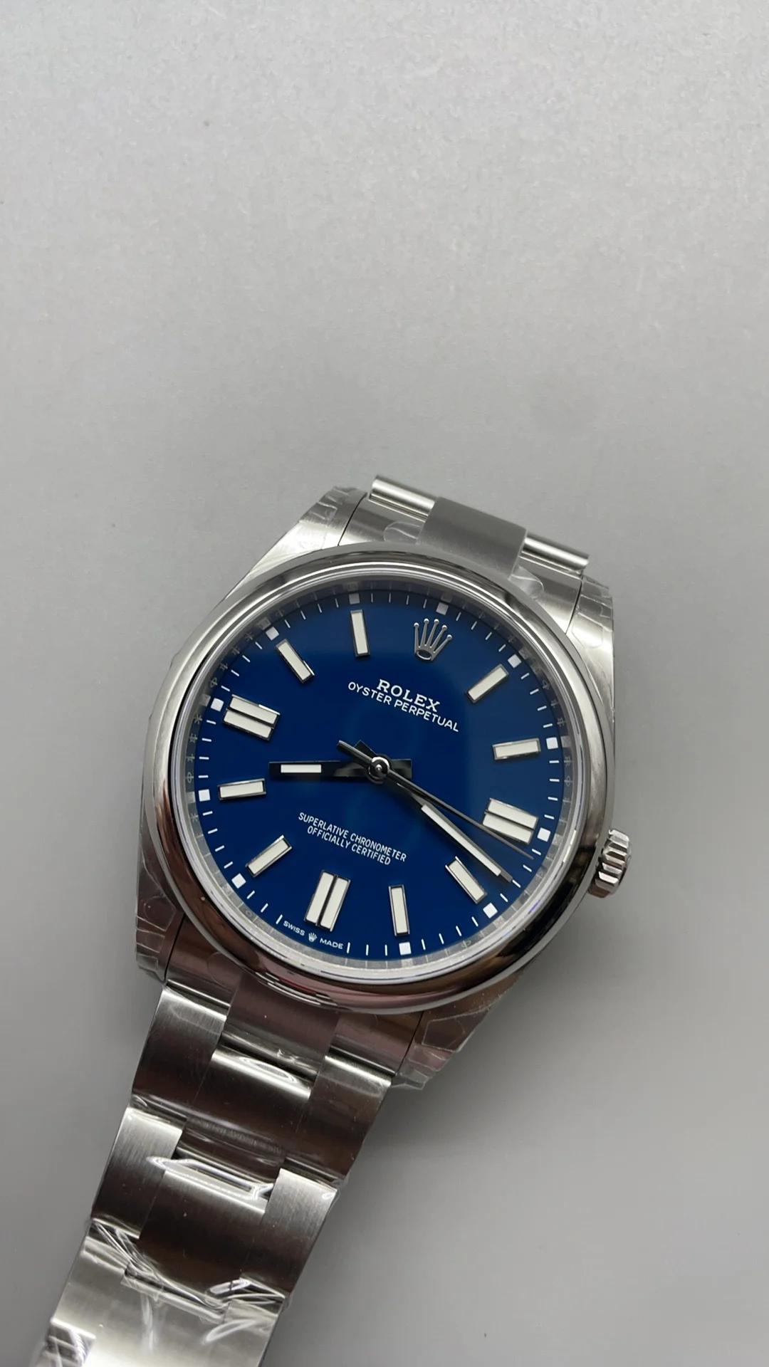 Rolex Oyster Perpetual Blue Dial 41mm — photographed off the sweep