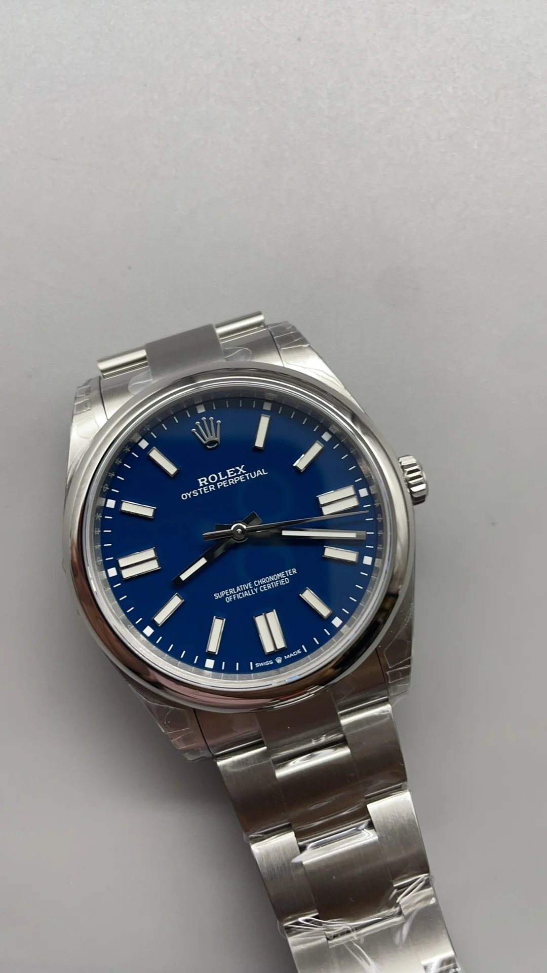 Rolex Oyster Perpetual Blue Dial 41mm — photographed off the sweep
