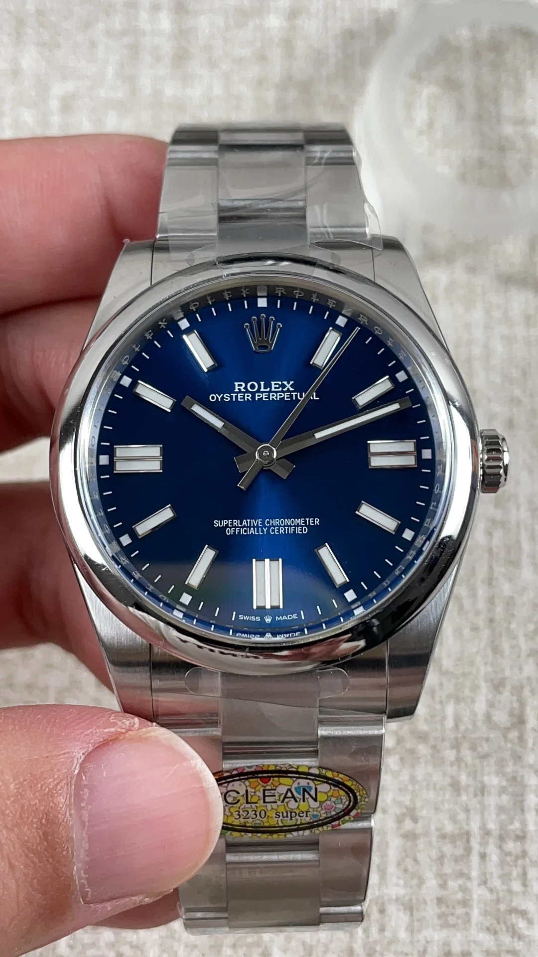 Rolex Oyster Perpetual Blue Dial 41mm — photographed off the sweep