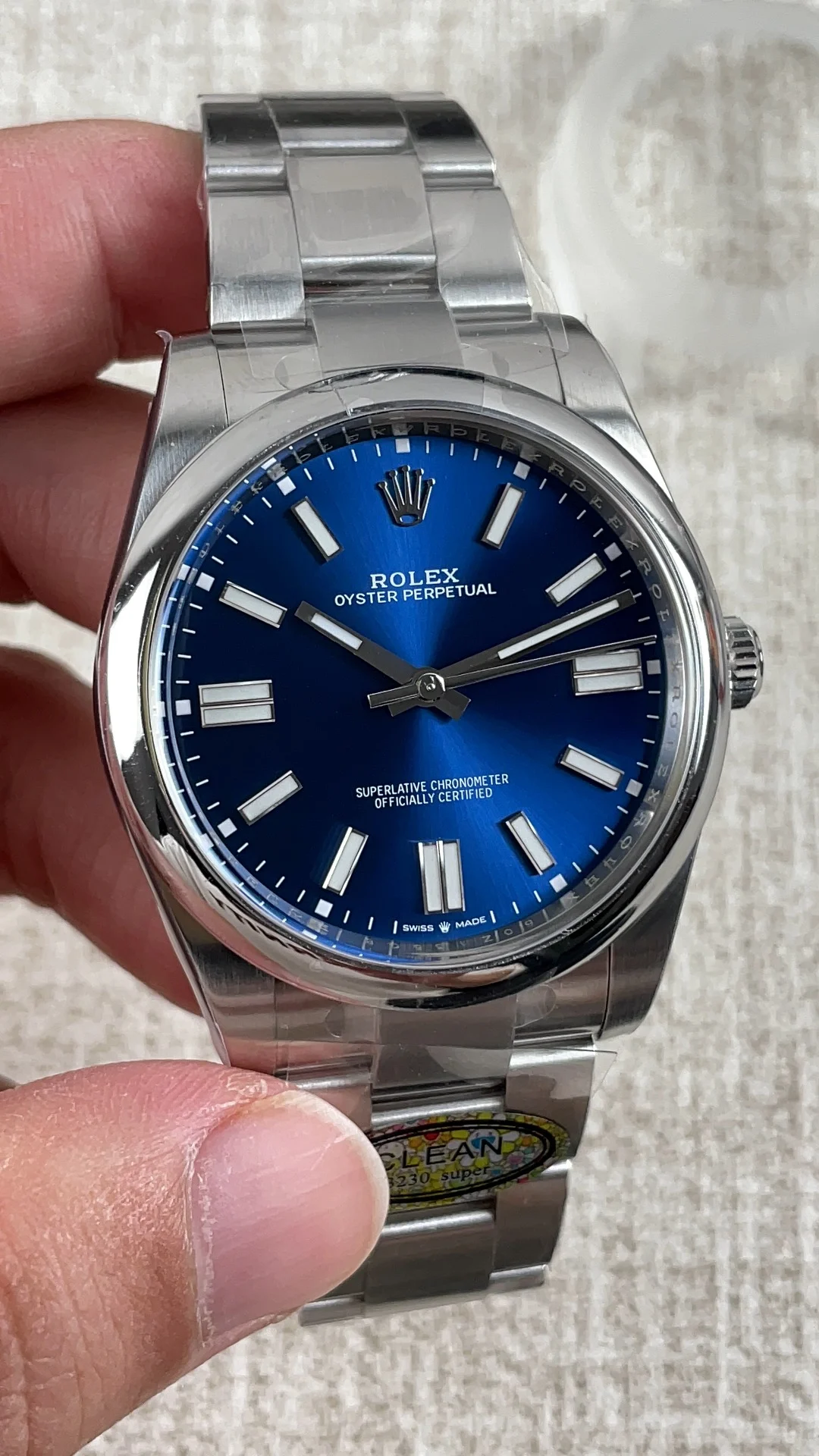 Rolex Oyster Perpetual Blue Dial 41mm — photographed off the sweep