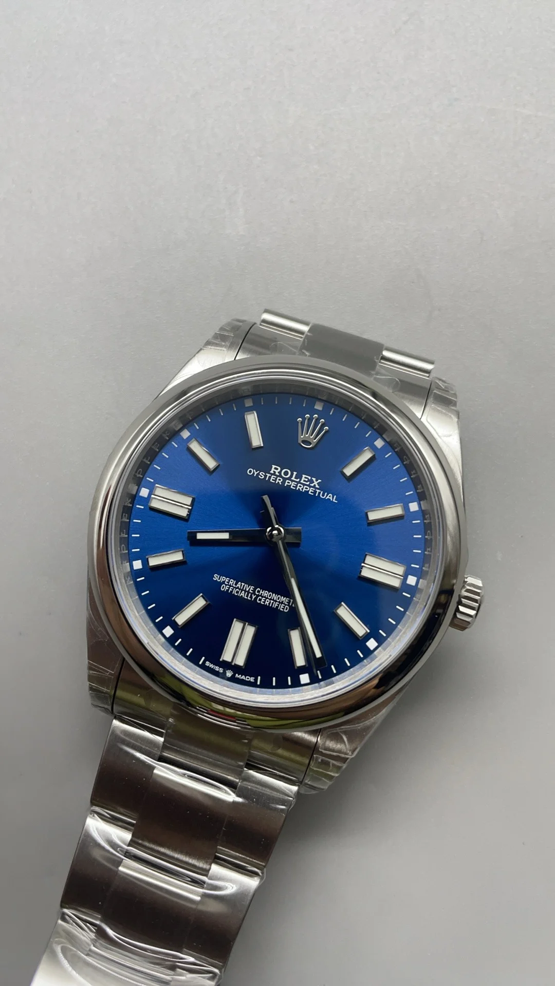 Rolex Oyster Perpetual Blue Dial 41mm — photographed off the sweep