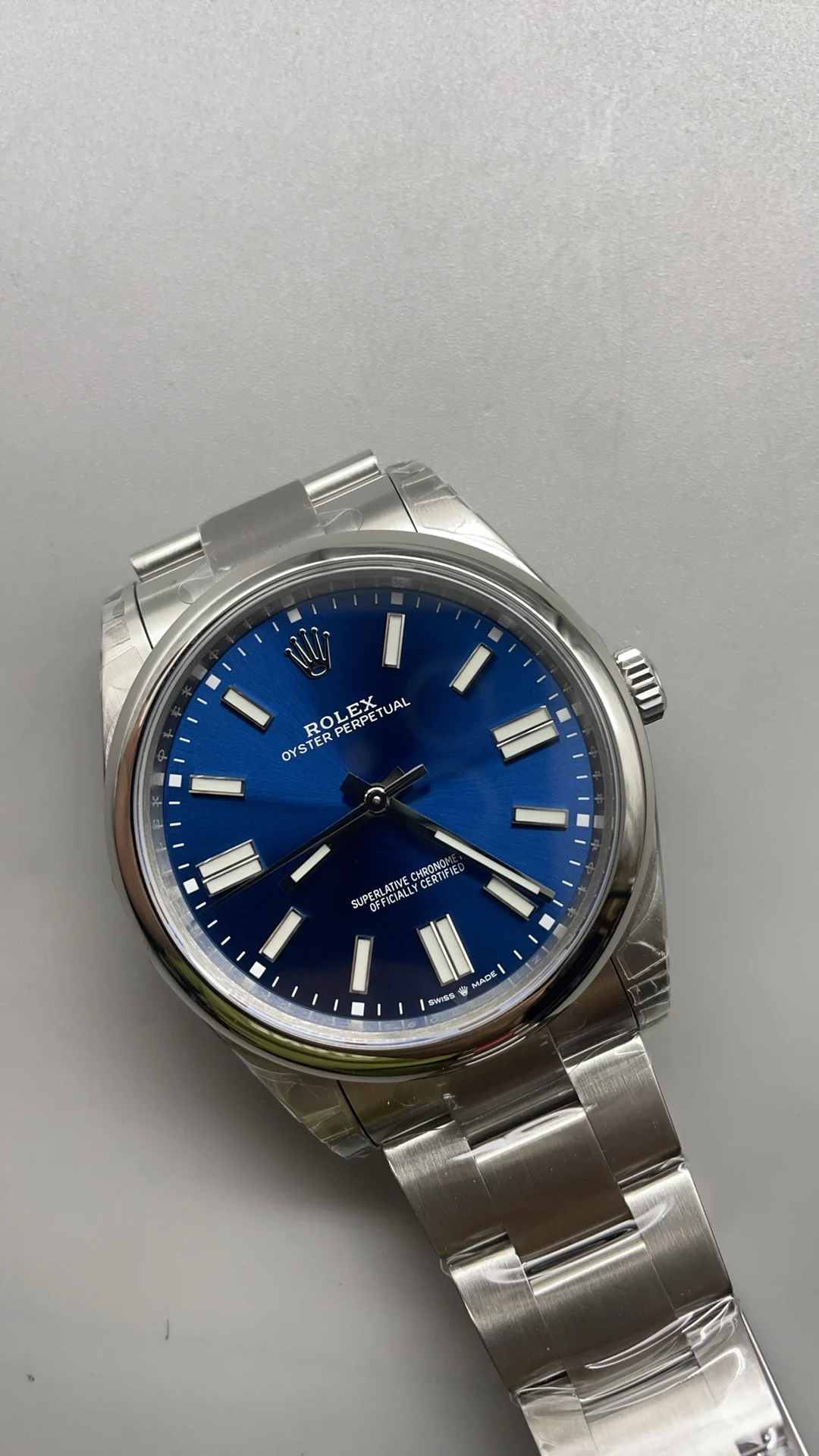 Rolex Oyster Perpetual Blue Dial 41mm — photographed off the sweep