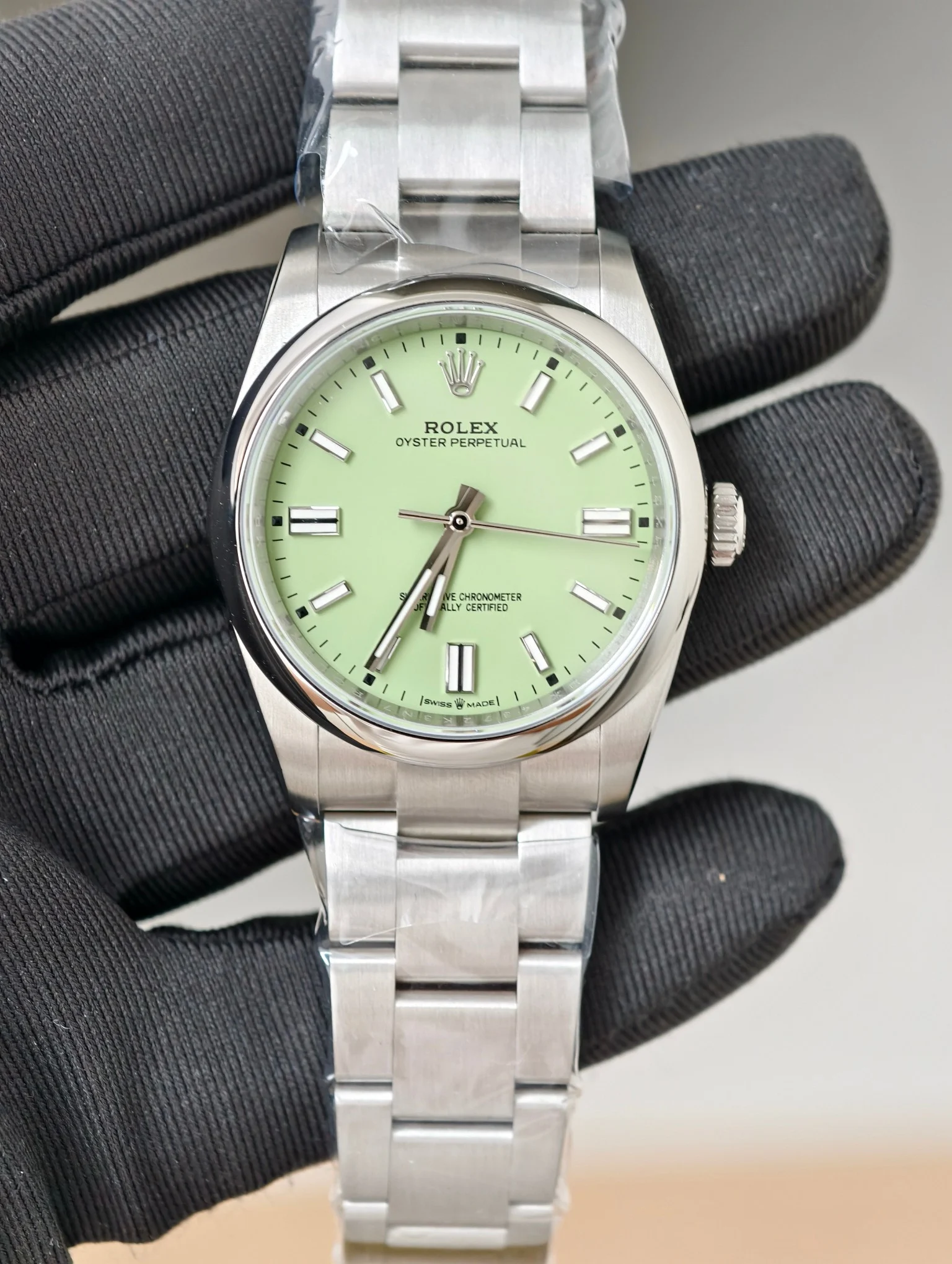 Rolex Oyster Perpetual Green Dial 36mm — photographed off the sweep