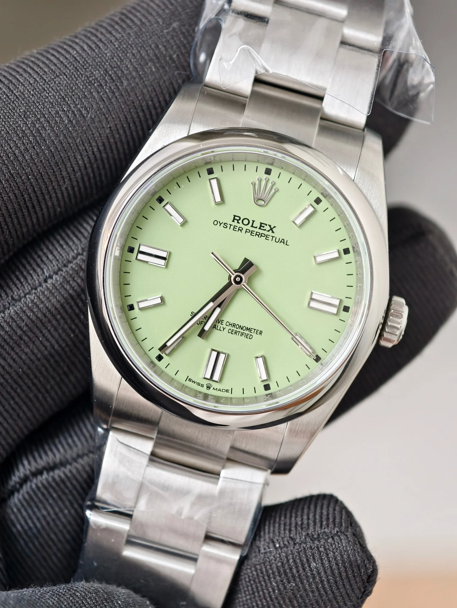 Rolex Oyster Perpetual Green Dial 36mm — photographed off the sweep