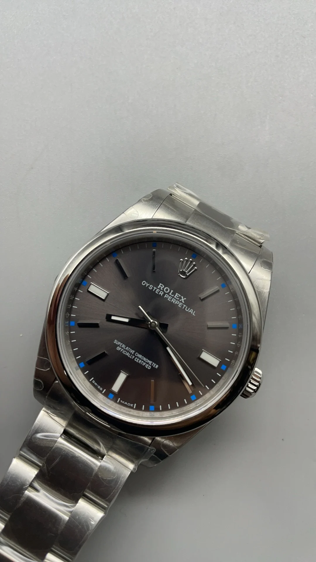 Rolex Oyster Perpetual Grey Dial 39mm — photographed off the sweep