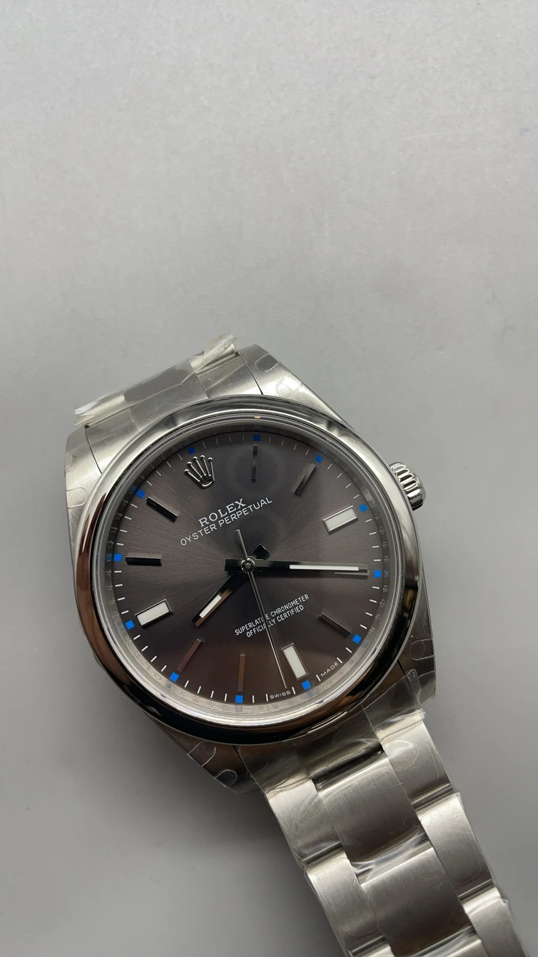 Rolex Oyster Perpetual Grey Dial 39mm — photographed off the sweep