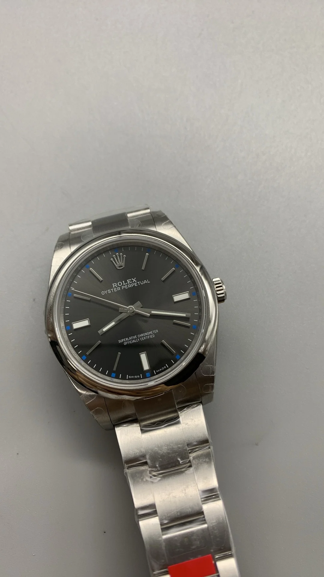 Rolex Oyster Perpetual Grey Dial 39mm — photographed off the sweep