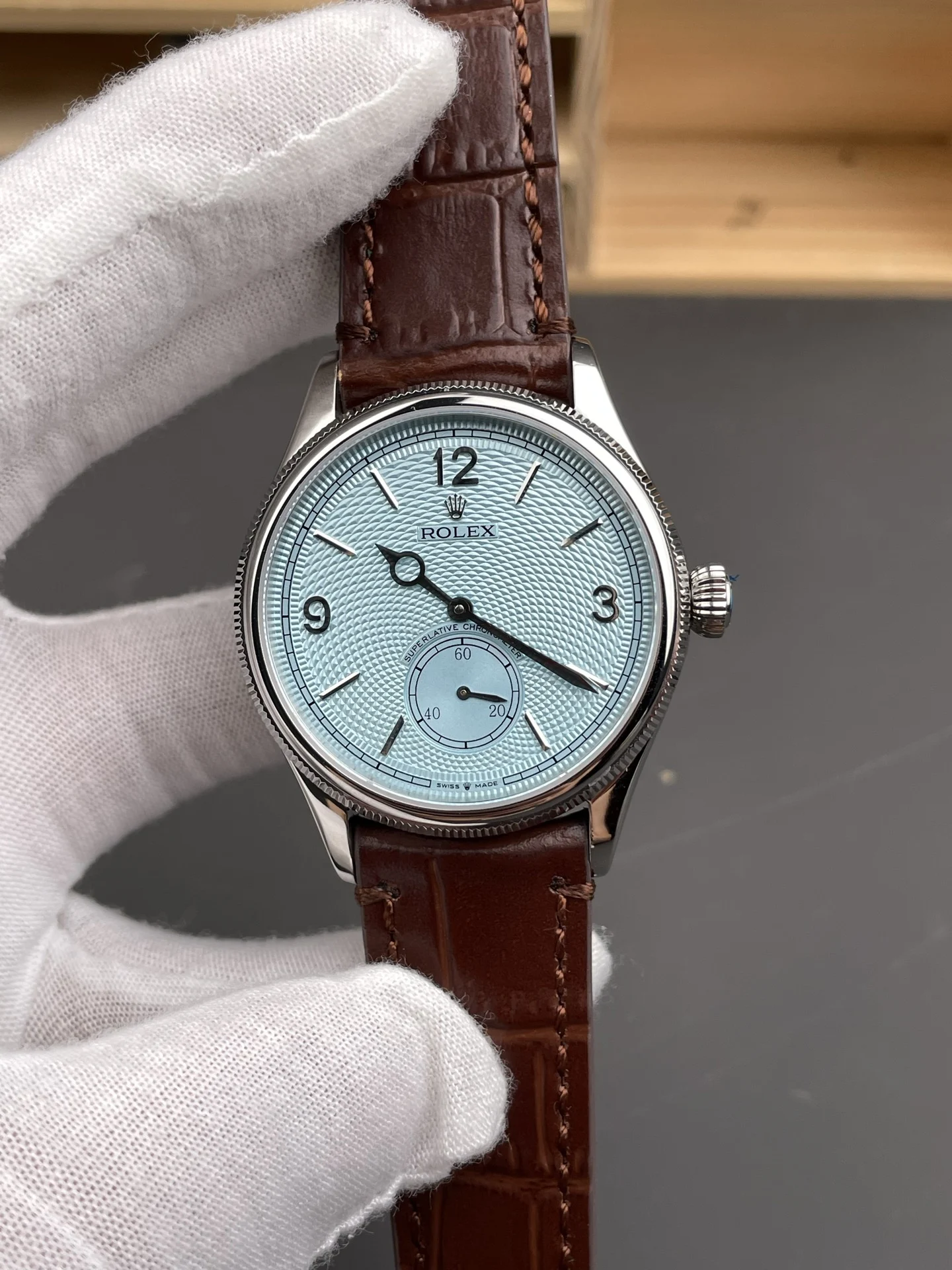 Rolex Oyster Perpetual Ice Blue Blue Dial 39mm — photographed off the sweep