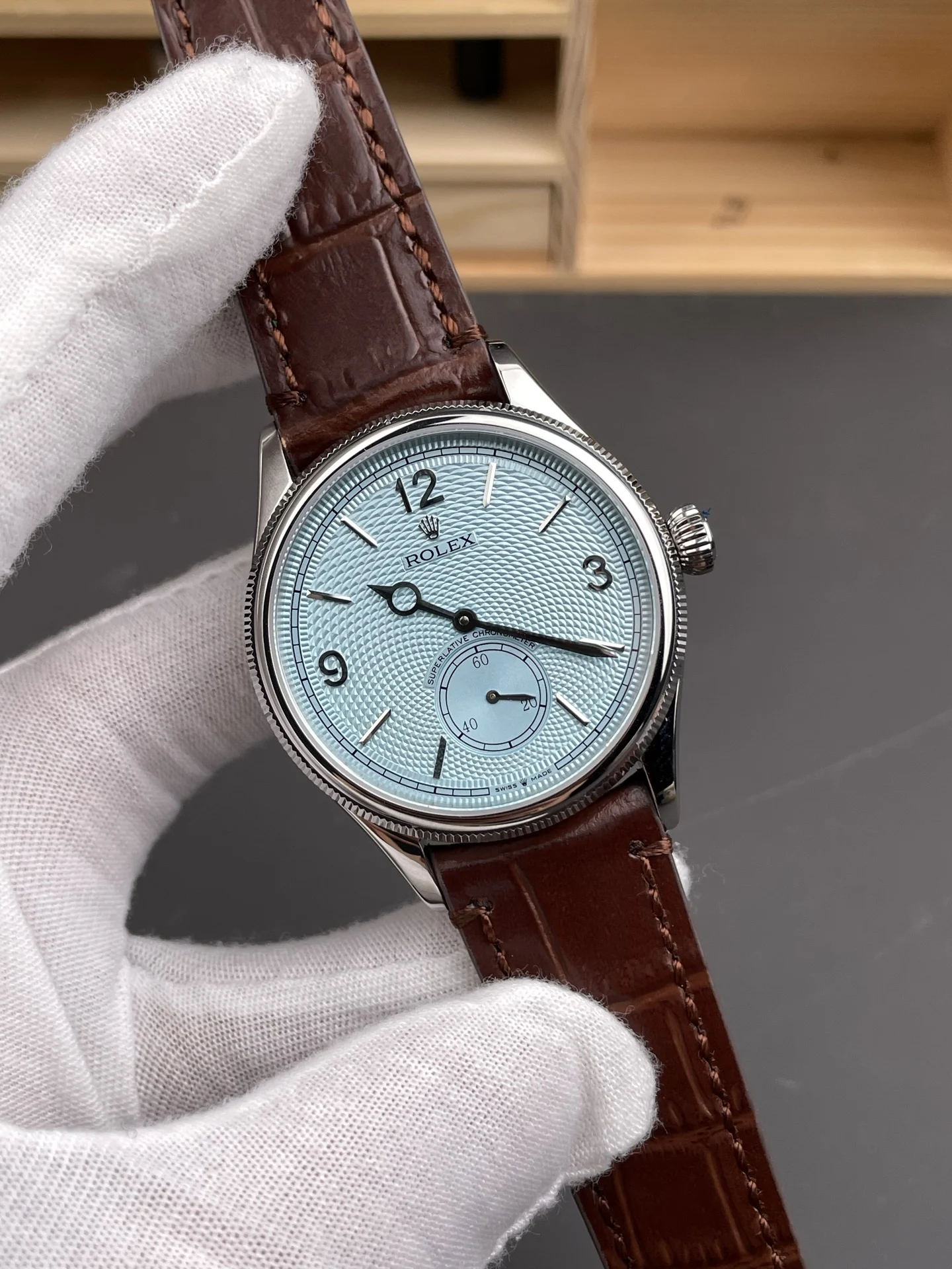 Rolex Oyster Perpetual Ice Blue Blue Dial 39mm — photographed off the sweep
